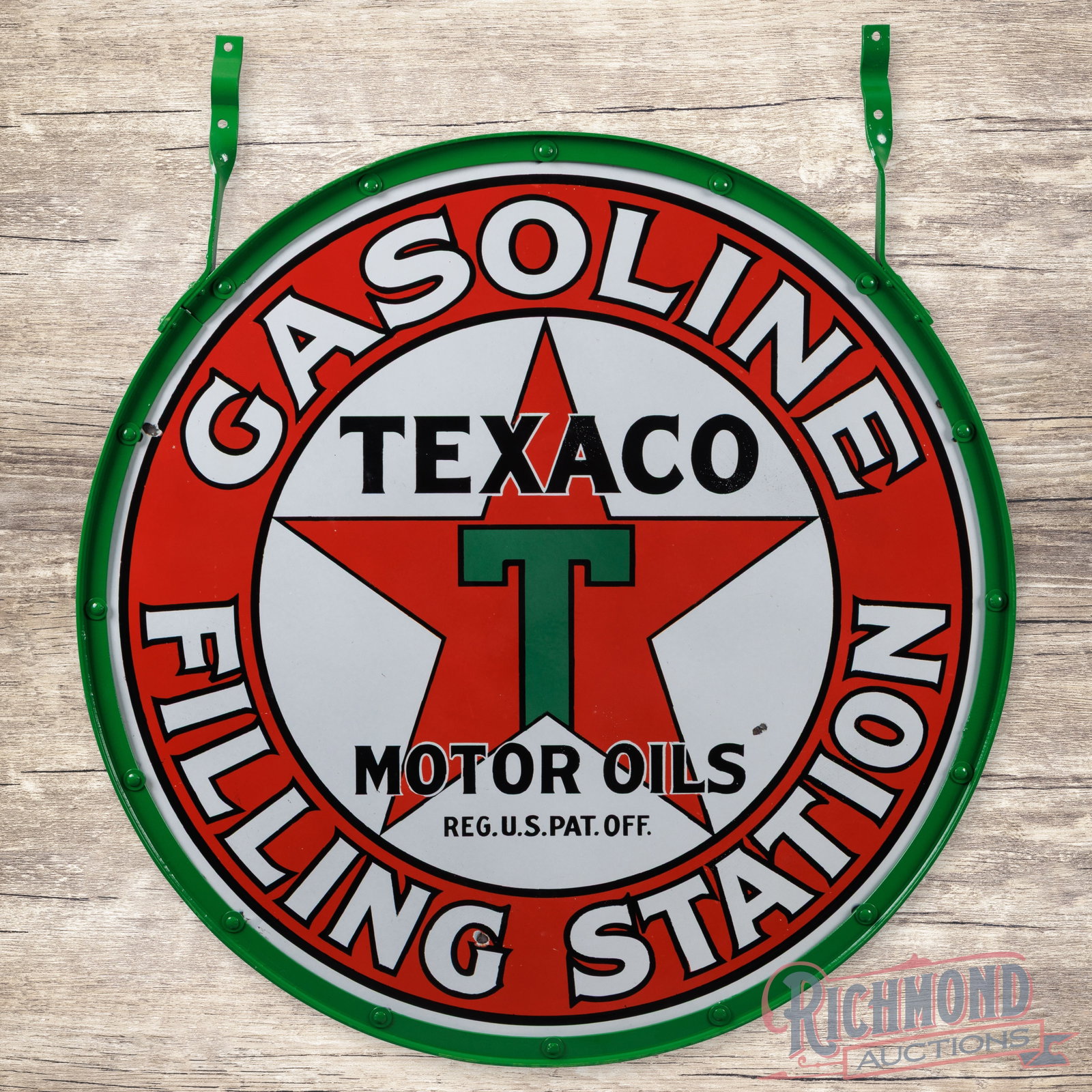 Texaco Gasoline Motor Oils Filling Station 42" Single Sided Porcelain Sign w/ Ring: Amazing SSP (single sided porcelain) sign with the original metal ring has outstanding color and gloss. The display is exceptionally clean with one small chip to the right of the "S" in Oils and anoth