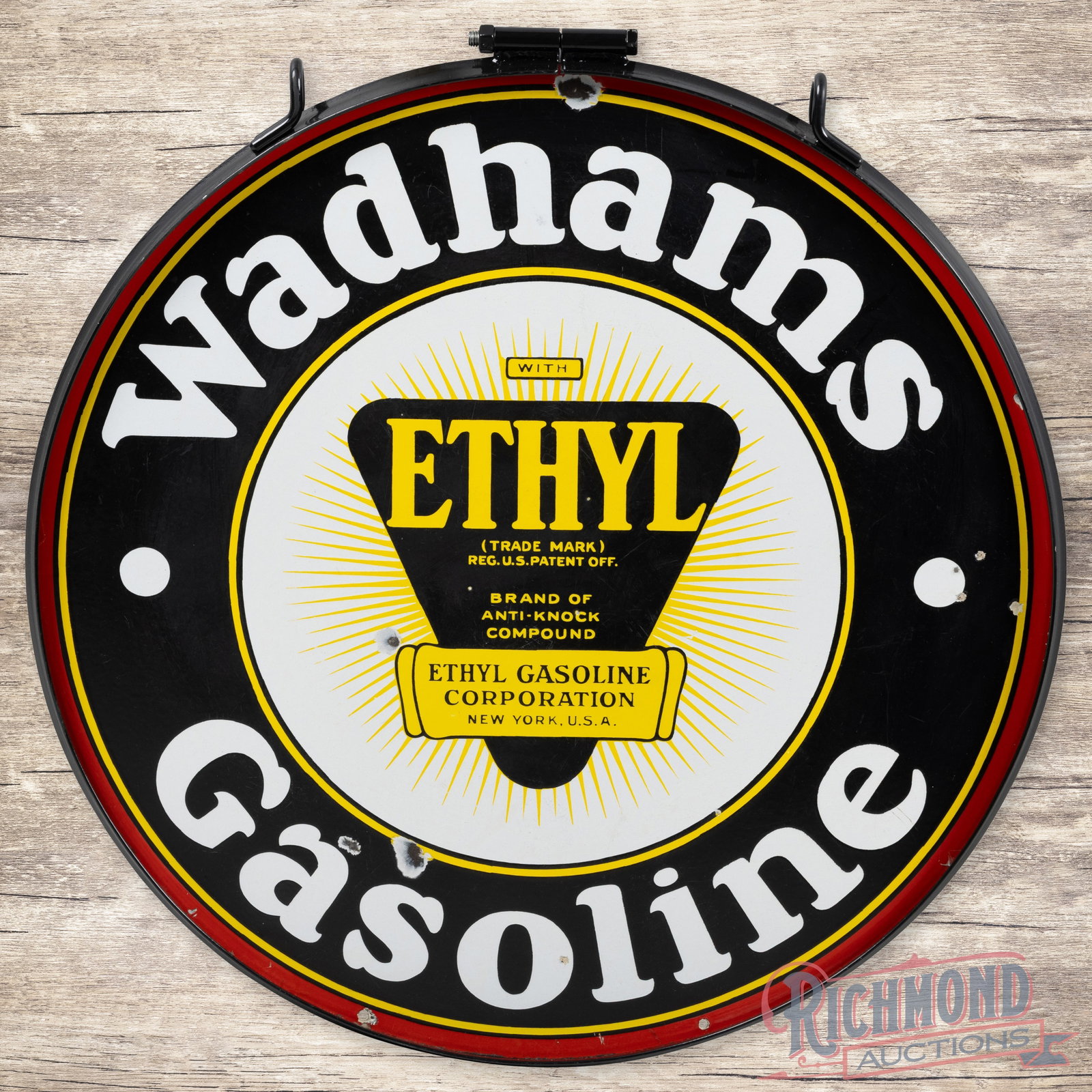 Wadhams Ethyl Gasoline 30" Double Sided Porcelain Sign w/ Ring (1 of 3)