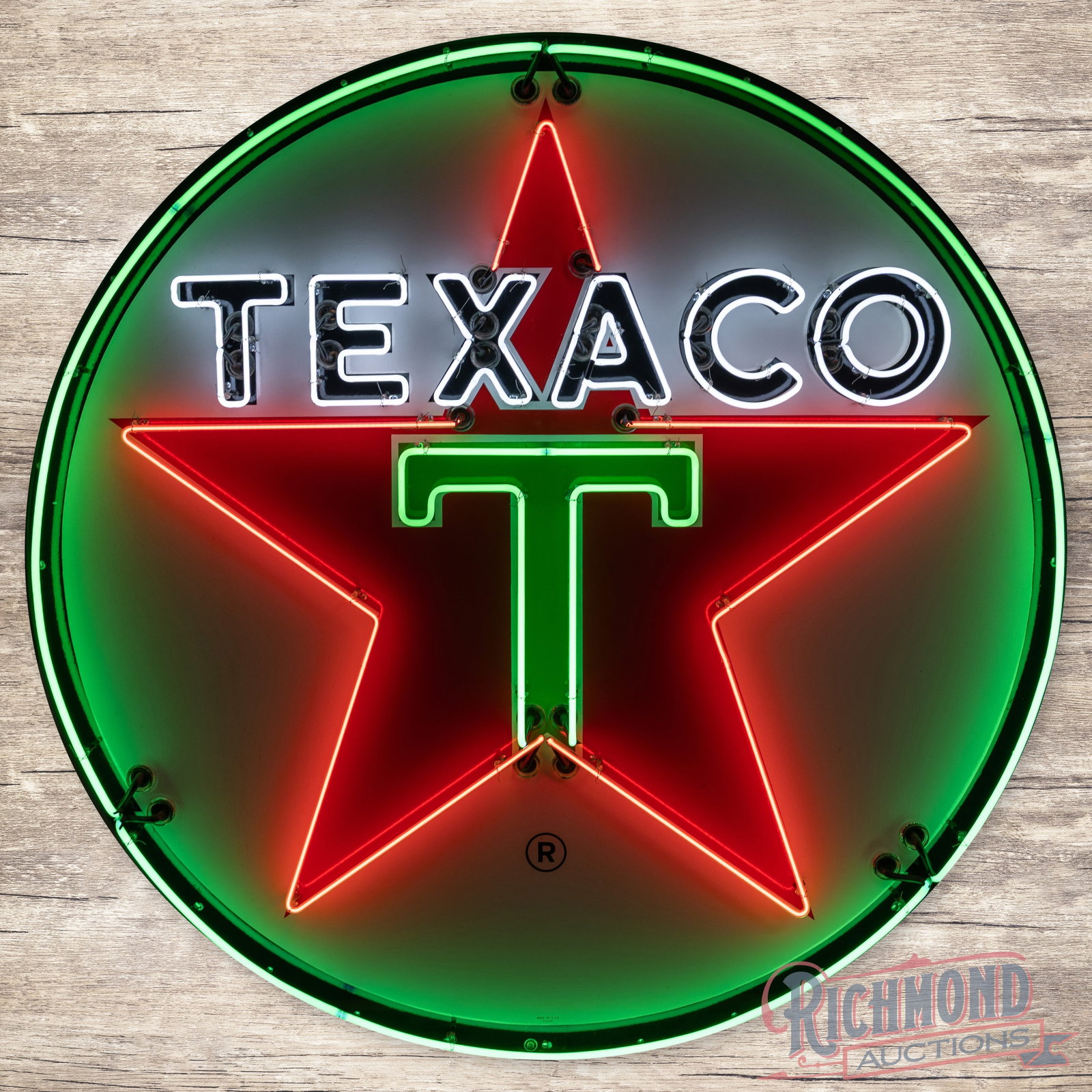 Texaco Gasoline 6' Single Sided Porcelain Neon Sign: SSP (single sided porcelain) sign with added neon and a metal can has excellent color and gloss. The sign features three-color neon with a "Speller" then a "Triple Flash" sequence on the Texaco letter