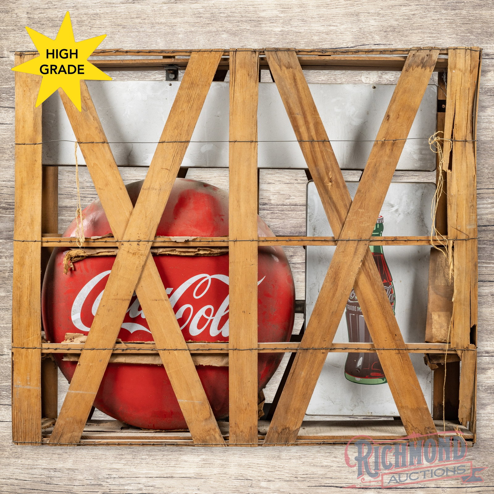 Outstanding NOS Coca Cola Porcelain Multi-piece 36" Button & Bottle Sign w/ Factory Wooden Crate (1 of 3)
