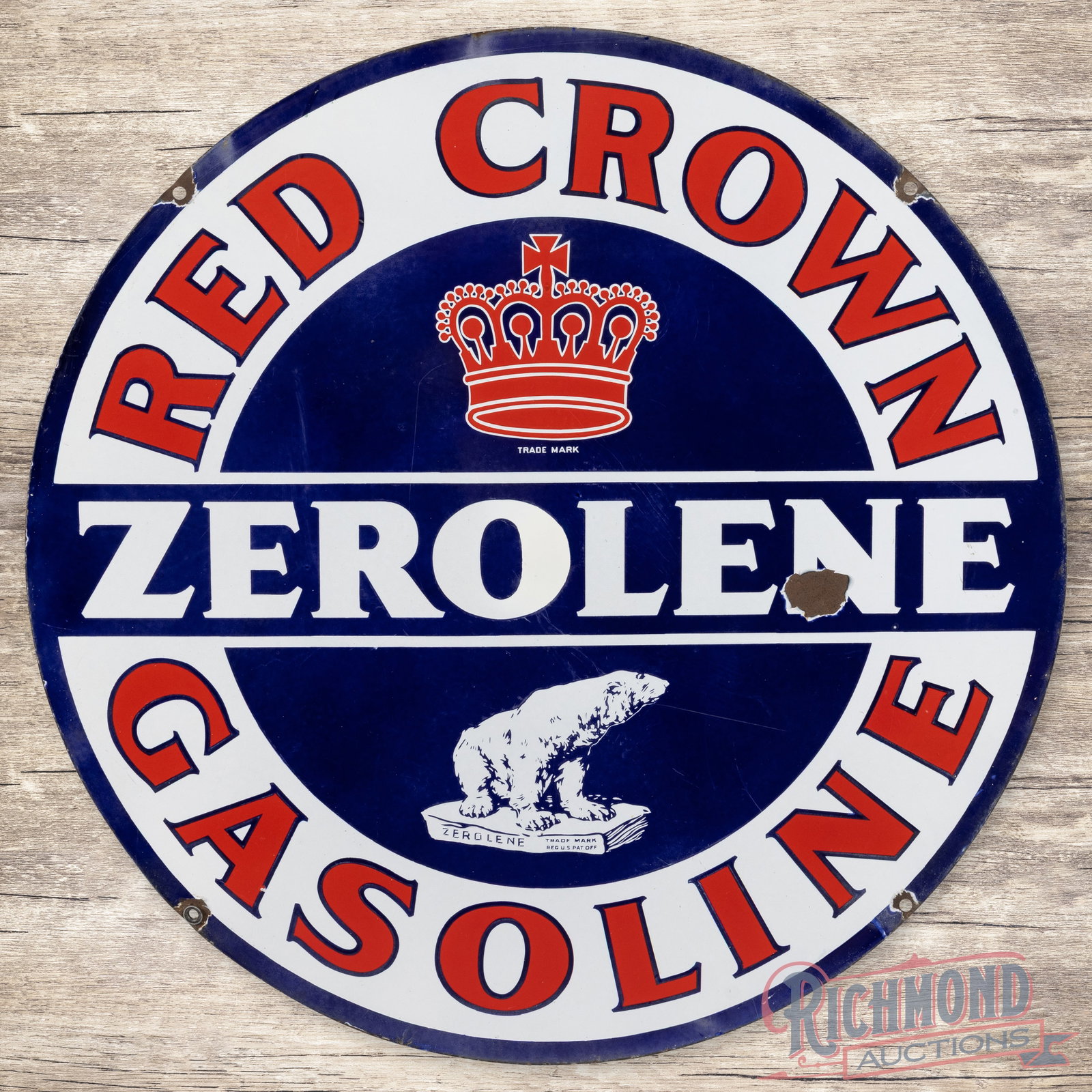 Rare Red Crown Zerolene Gasoline 42" Double Sided Porcelain Sign w/ Logo & Polar Bear: Amazing DSP (double sided porcelain) sign has very good color and gloss. Side #1 has light wear with two chips in the "E" of Zerolene and two color matched chips in the center field. There are a few a