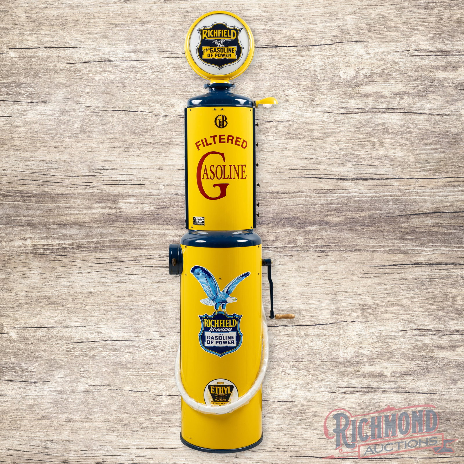 Gilbert & Barker Self Measuring Gas Pump Richfield Ethyl Professionally Restored: G&B self-measuring gas pump has been professionally restored. The pump features vibrant yellow and blue paint with high gloss. The paint has minor imperfections with paint chips on the edge of the ski
