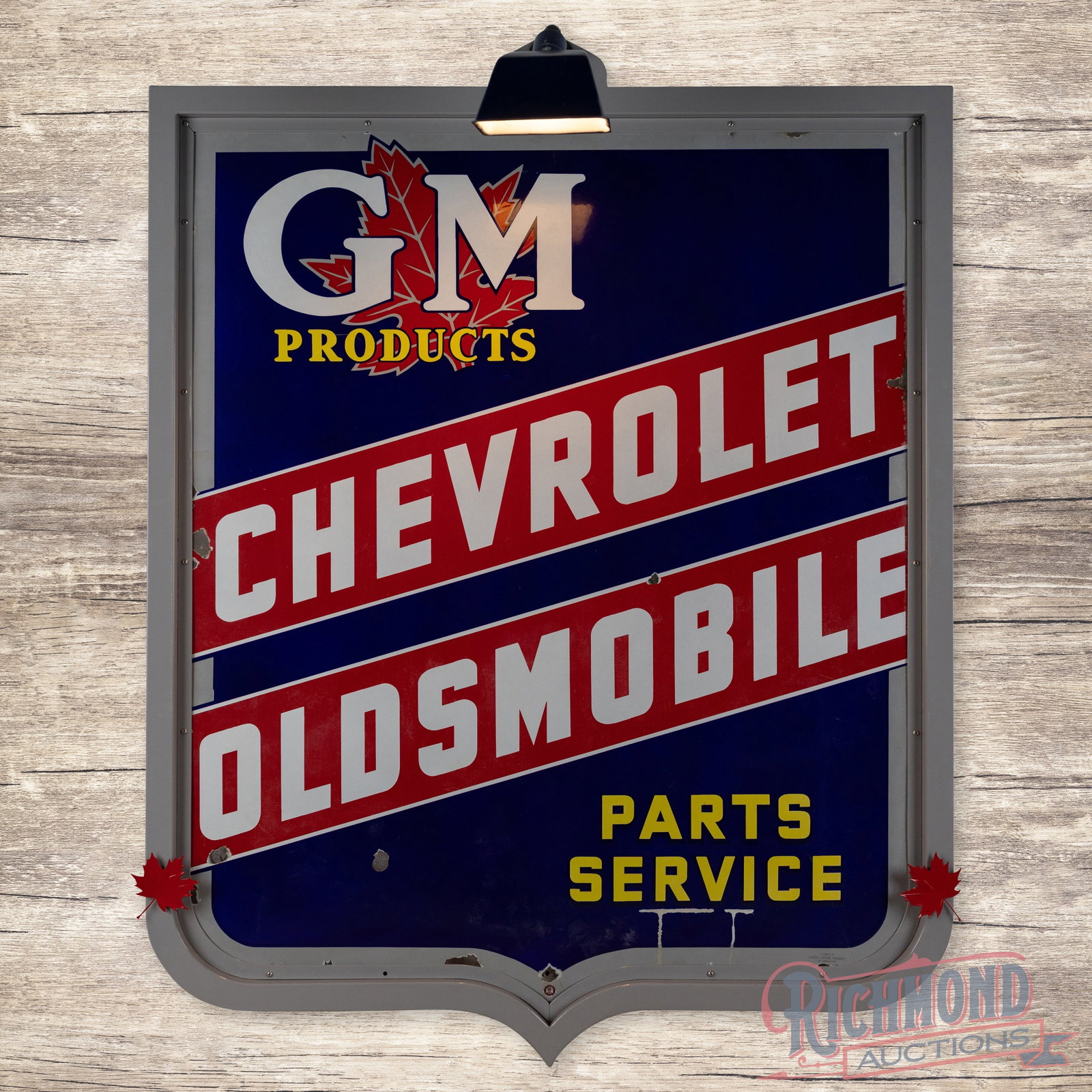 Canadian Chevrolet Oldsmobile GM Products Parts Service Single Sided Porcelain Sign In Custom Frame (1 of 5)