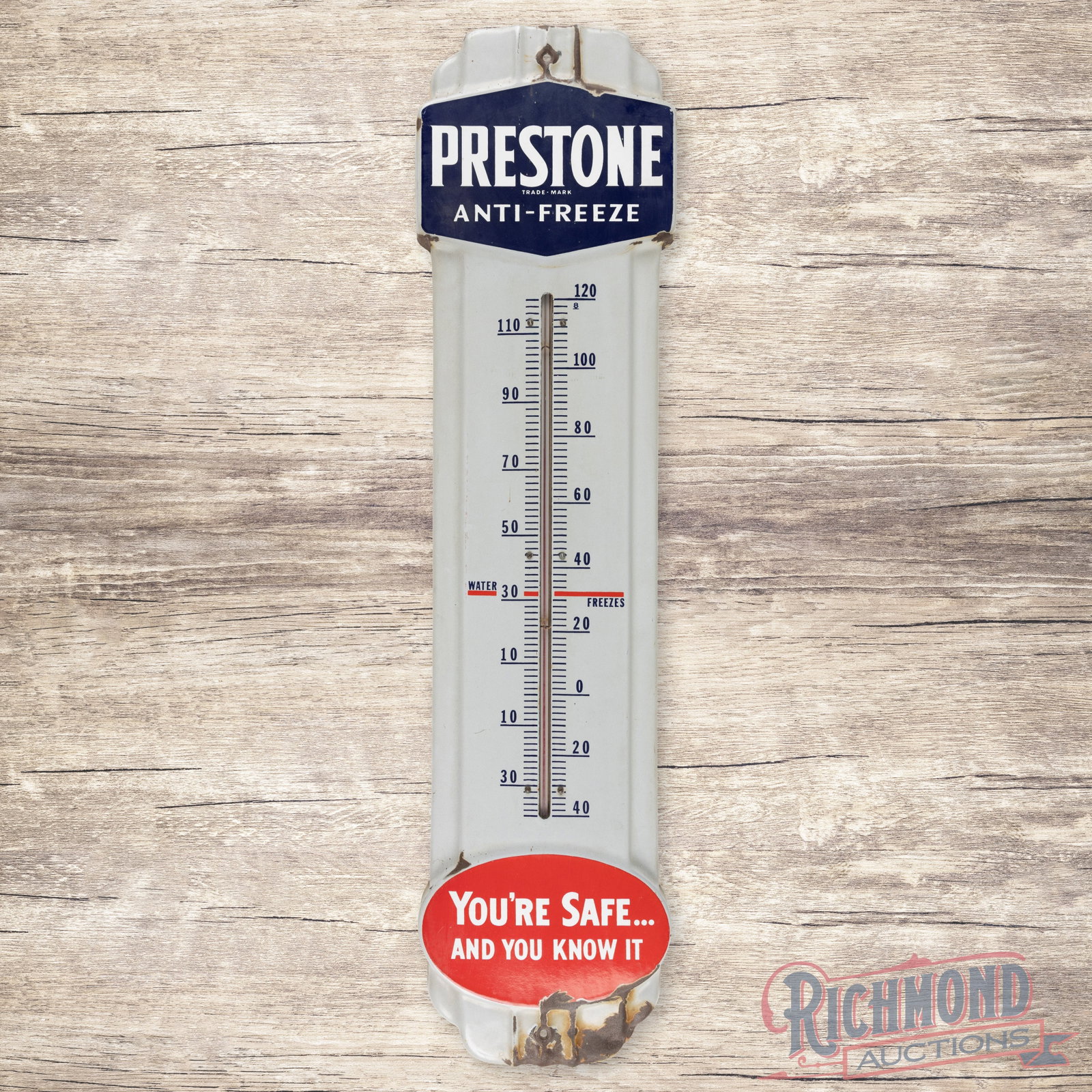 Prestone Anti-Freeze Single Sided Porcelain Thermometer Sign: Prestone Anti-Freeze SSP (single sided porcelain) Thermometer displays good color and gloss with porcelain loss on the bottom and top of the mounting holes. 36" H X 9" W. Condition: 8 All items are gu
