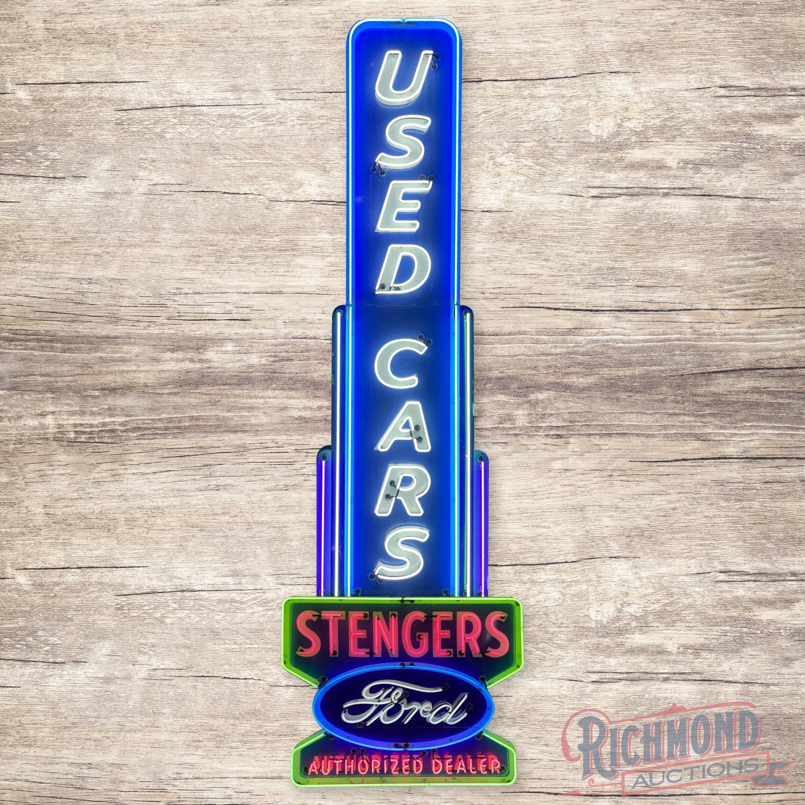 18'6" Stengers Ford Authorized Used Cars Dealer Single Sided Porcelain Neon Sign: Incredible Stengers Ford Authorized Used Cars Dealer SSP (single sided porcelain) Neon Sign. This Factory Ford Neon came from the Stengers Ford Dealership in Dayton, OH. The sign is in great condition