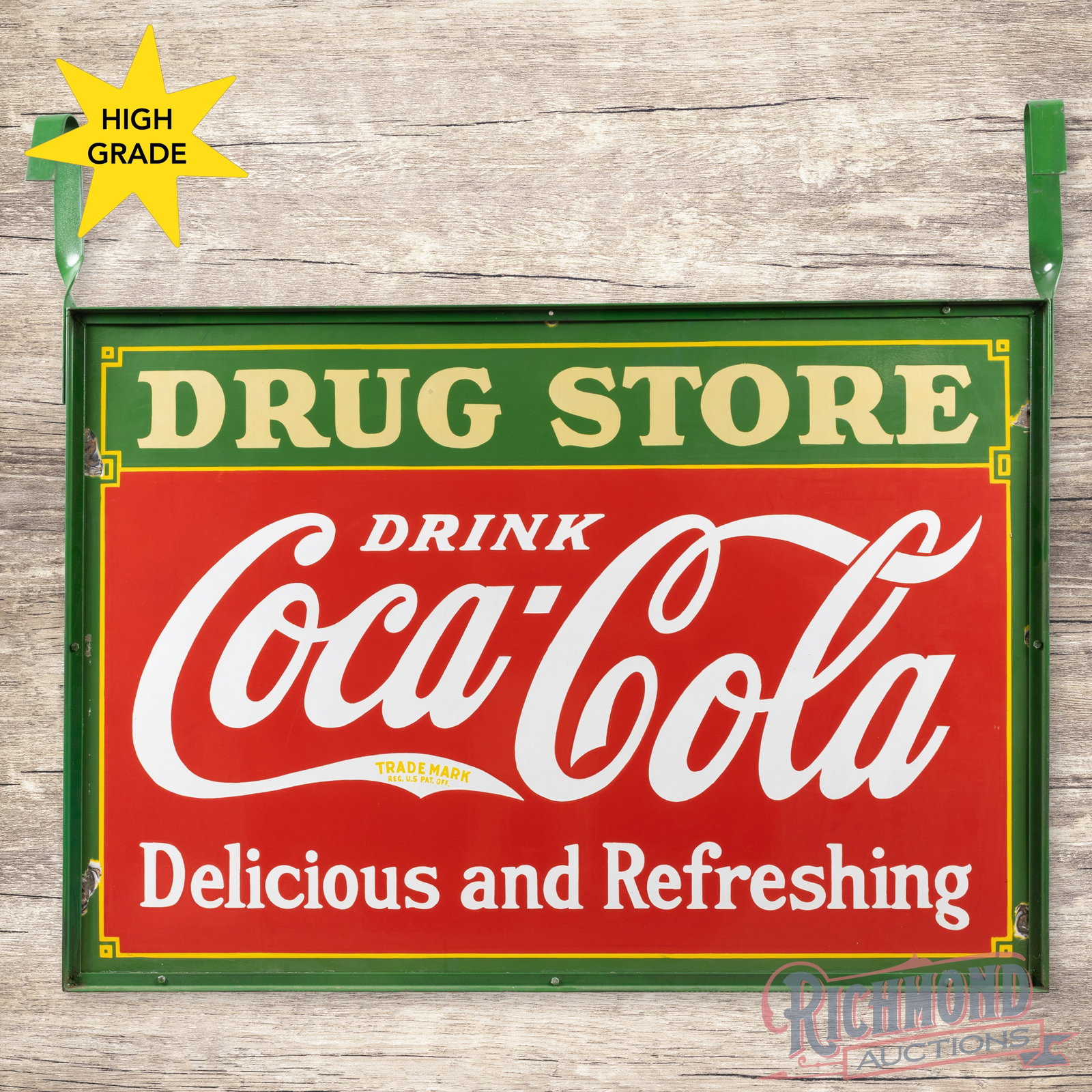 Drug Store Drink Coca Cola Delicious and Refreshing 5' Double Sided Porcelain Sign w/ Frame: Incredible DSP (double sided porcelain) Coca-Cola Drug Store Sign with Metal Frame. Side 1 exhibits fantastic day one color and gloss with heavy shelving. Serval small chips on the far outer edge. Sid
