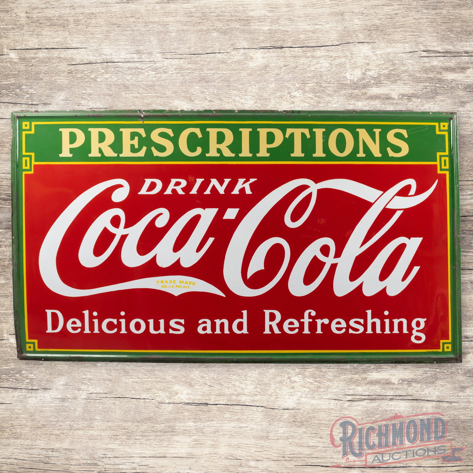 Prescriptions Drink Coca Cola Delicious and Refreshing 8' Single Sided Porcelain Sign: Nice 8' Coca-Cola Prescriptions SSP (single sided porcelain) Sign. Sign has beautiful color and gloss with a couple of bb hits to the field. The very outer edge has some porcelain loss but overall a g