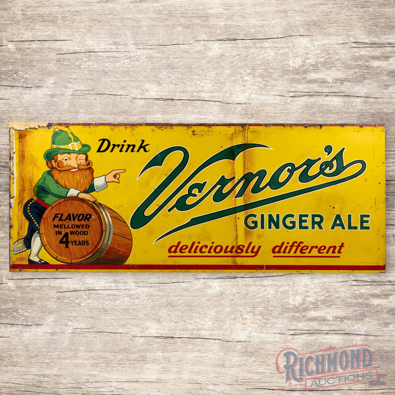 Drink Vernor's Ginger Ale 10' Single Sided Tin Sign w/ Woody and Barrel "Large": Rare Vernor's Ginger Ale SST (single sided tin) billboard sign. There were a find of these billboards that were found a few years ago and this is one of the better ones we have seen. Sign exhibits sig