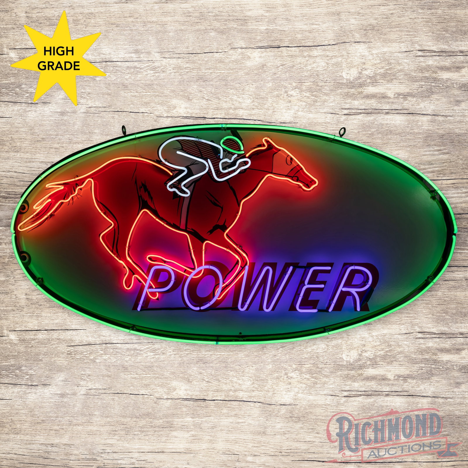 Gibble Power Gasoline Single Sided Porcelain Factory Neon Sign w/ Horse & Rider: SSP (single sided porcelain) factory Neon Sign with a metal can has excellent color and gloss. The sign features a factory perimeter band with added horse, rider and "Power" neon. The field is excepti