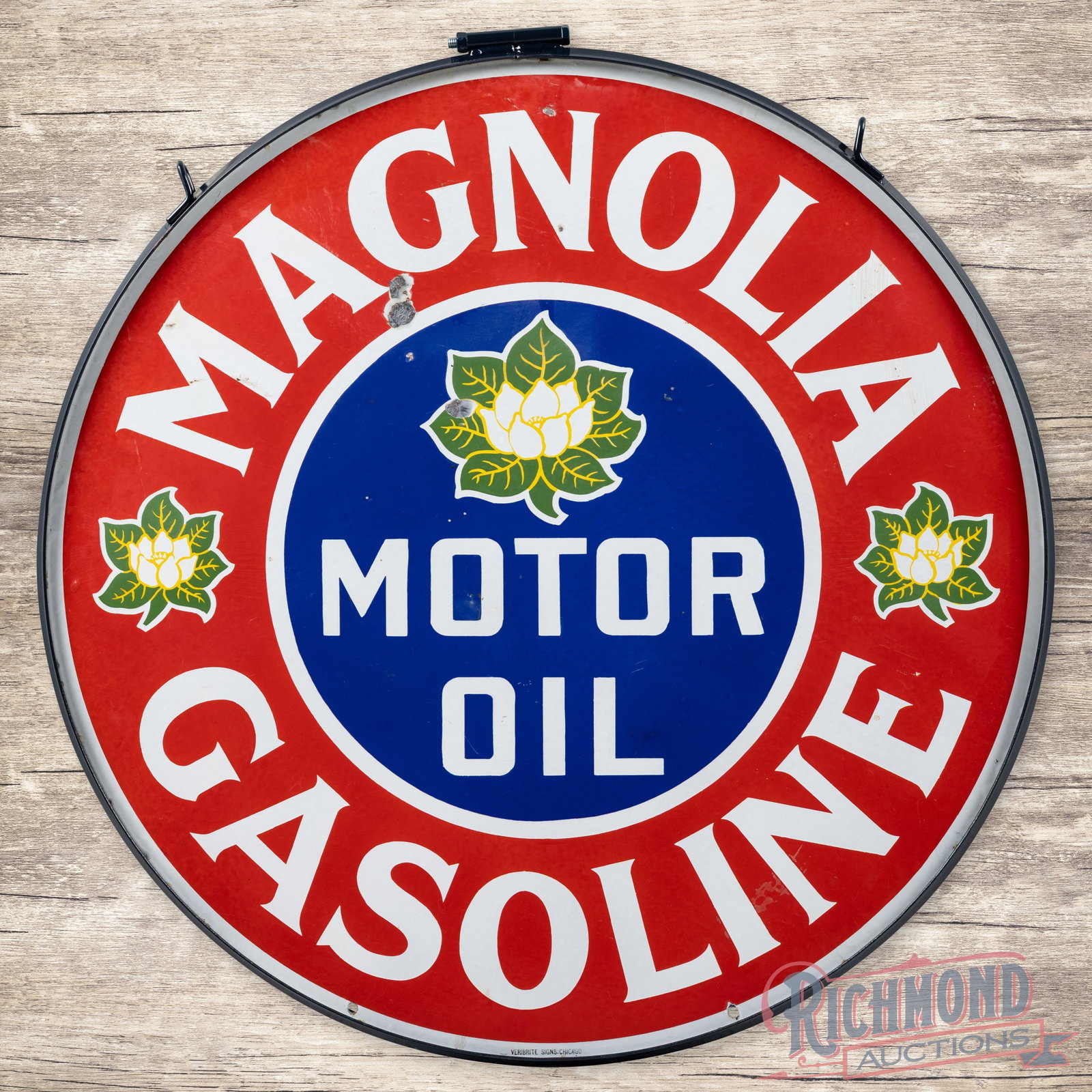 Magnolia Motor Oil Gasoline 40" Double Sided Porcelain Sign w/ Ring: Rare 42" Magnolia Gasoline 3 Flower DSP (double sided porcelain) Sign. The sign has great color and gloss with only a few very small bb hits to the field and several very small areas of crazing. The M