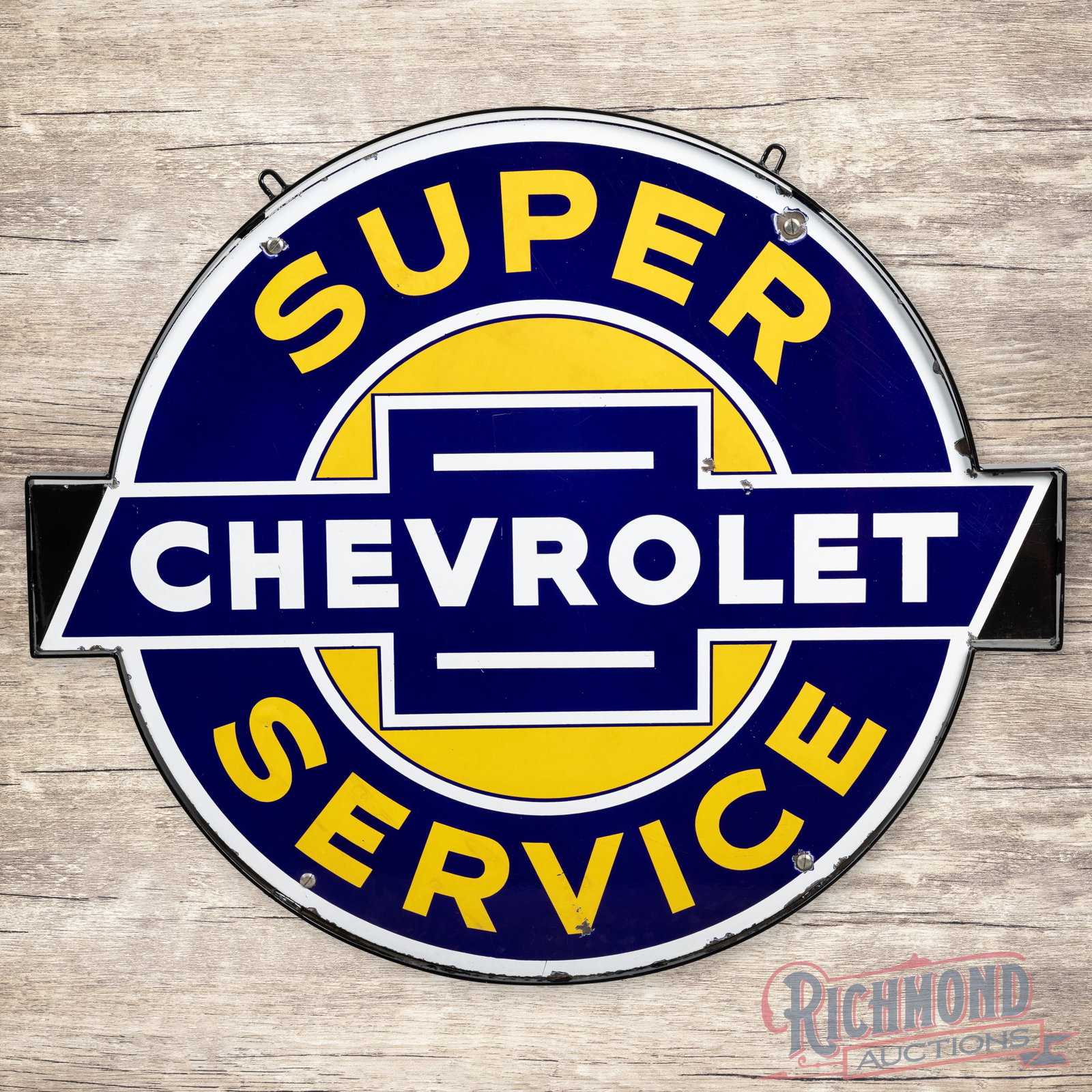 Chevrolet Super Service 42" Double Sided Porcelain Sign w/ Ring "Black Tips": DSP (double sided porcelain) die cut sign with a metal ring has excellent color and gloss. The display has two chips in the field and another along the lower edge of the "E" in Super. The outer fields