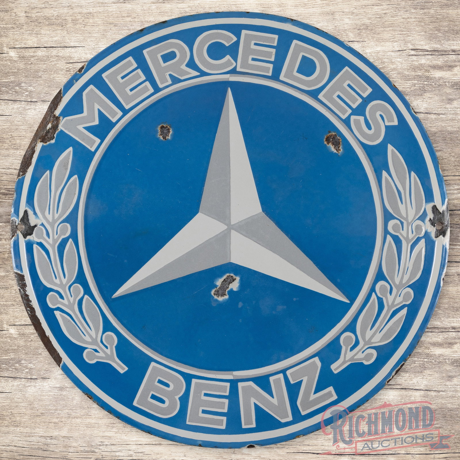 Mercedes Benz 16" Single Sided Porcelain Convex Sign: SSP (single sided porcelain) Convex sign has excellent color and gloss. Some areas of hazing and various chips. 16" H. Condition: 8.25 All items are guaranteed authentic by Richmond Auctions unless ot