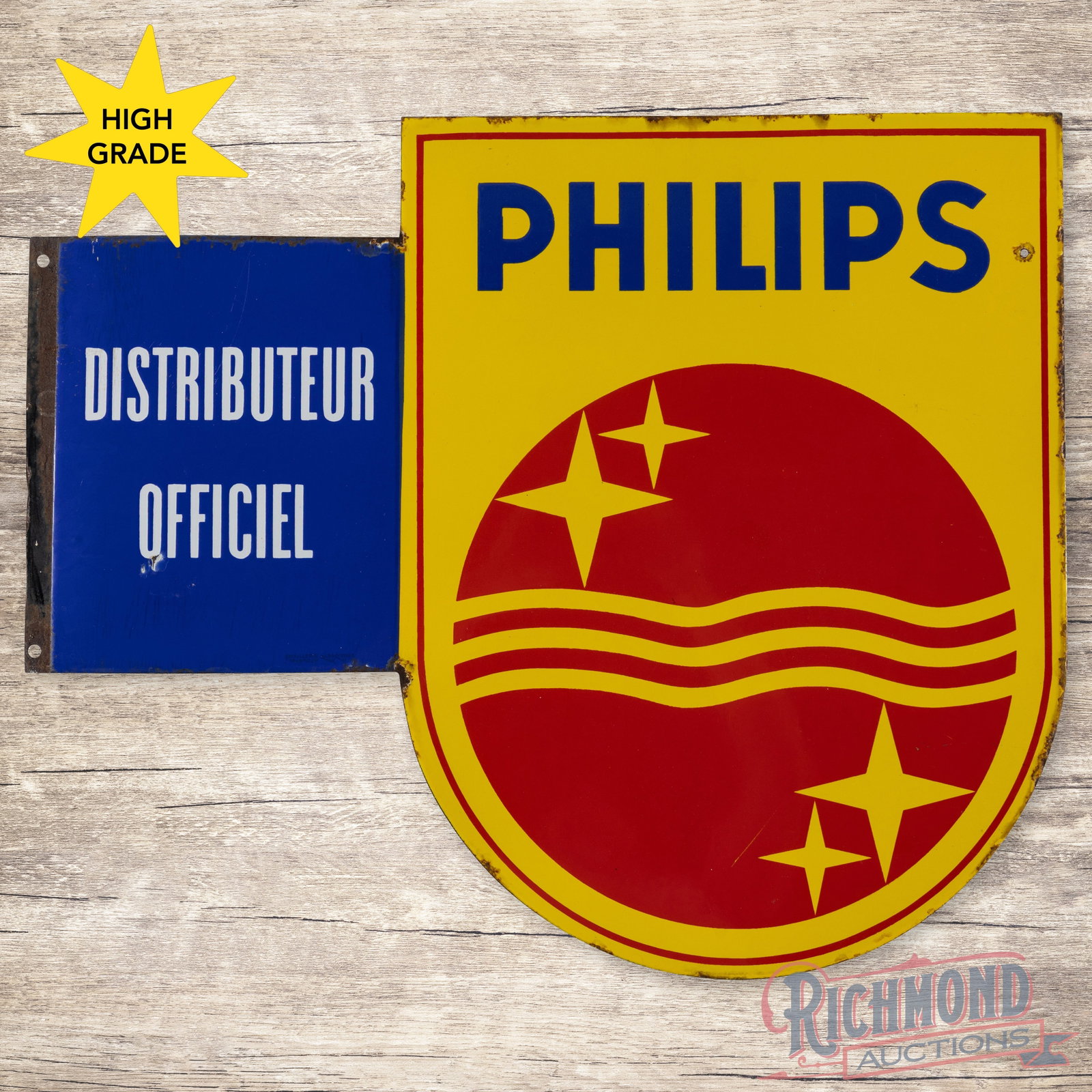 Philips Distributeur Officiel Double Sided Porcelain Sign: DSP (double sided porcelain) wall mounted sign exhibits excellent color and gloss. Side one has a very clean field with very light and oxidation around the edges. Side two has areas of chipping along 
