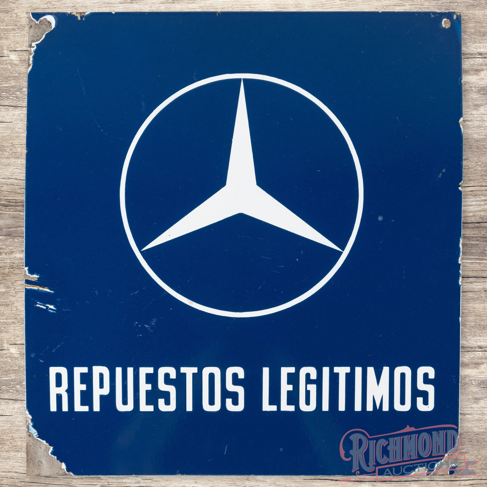 Mercedes Benz Repuestos Legitimos (Genuine Parts): SSP (single sided porcelain) Sign has excellent color and gloss. Exhibits general and age related with some chipping around the edges. Lower right corner has a small bend. Overall a seldom seen Merced