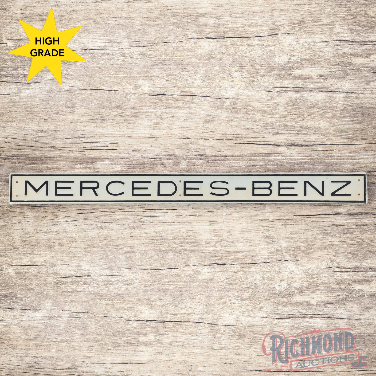 34" Mercedes Benz Embossed Single Sided Tin Strip Sign: Unique SST (single sided tin) embossed strip sign is in excellent condition with excellent color. Slight toning in areas of the white with minor edge bends on the right edge, but overall an excellent 