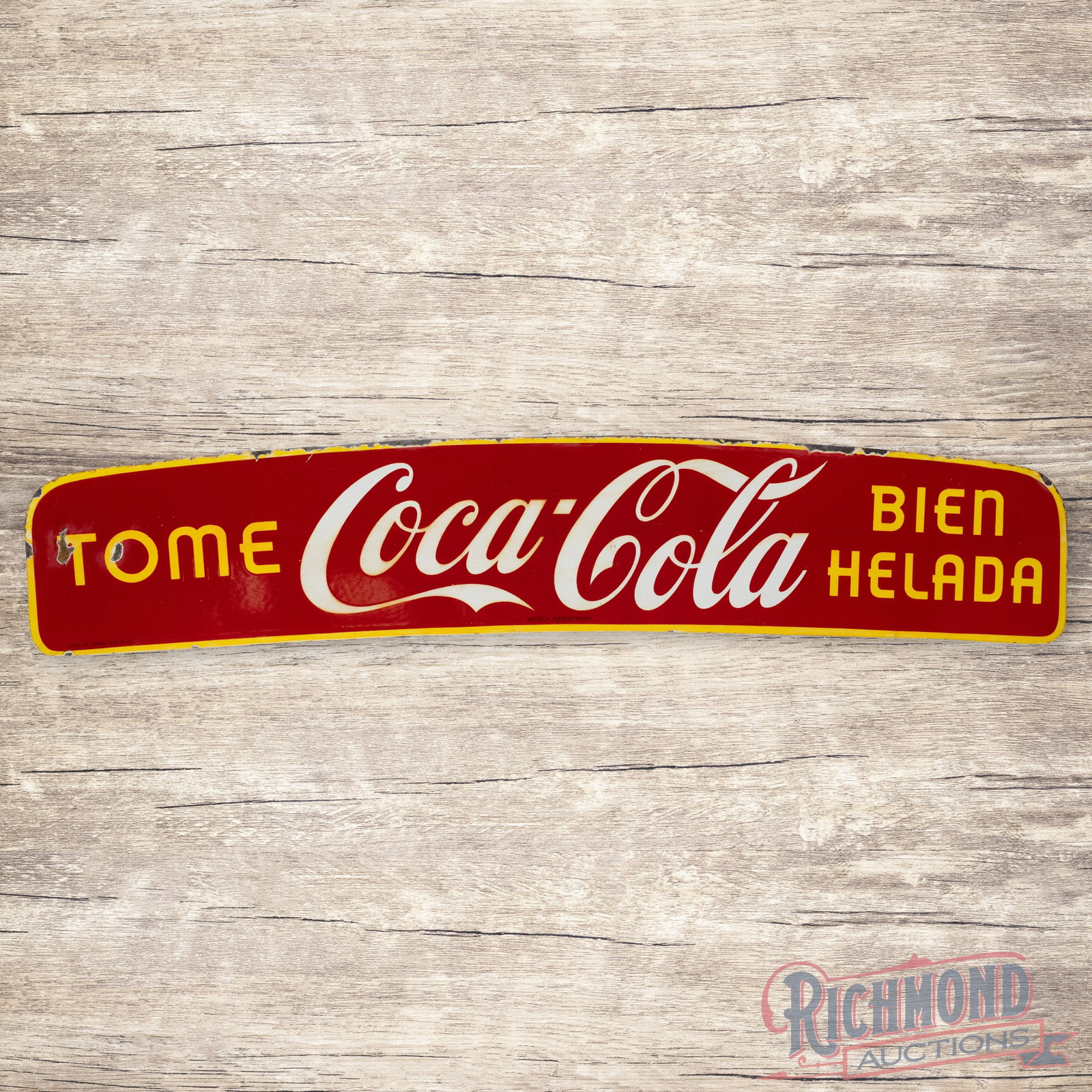 Coca-Cola Single Sided Porcelain Tome Bien Helada Truck Topper Sign: Nice South American Coca-Cola Truck Topper Sign. These signs sat on top of Coke delivery trucks. This sign is in nice condition with slight discoloration on the white lettering and small chips along t