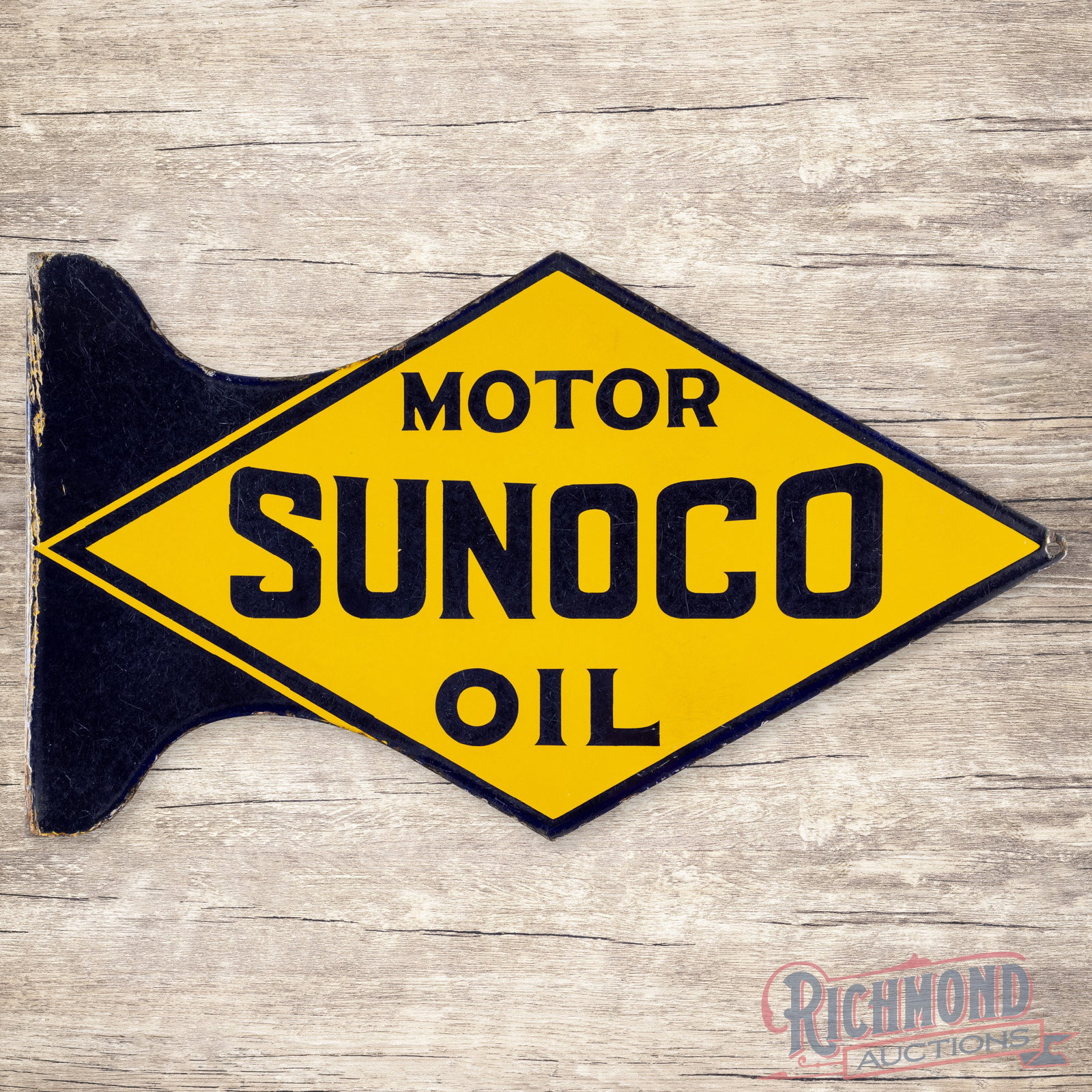 Beautiful Sunoco Motor Oil Double Sided Porcelain Flange Sign: Sign has excellent color and gloss. Side one shows slight scratching in the field and outer field. The flange is in excellent condition with slight porcelain loss on the top edge. Side two is in simil