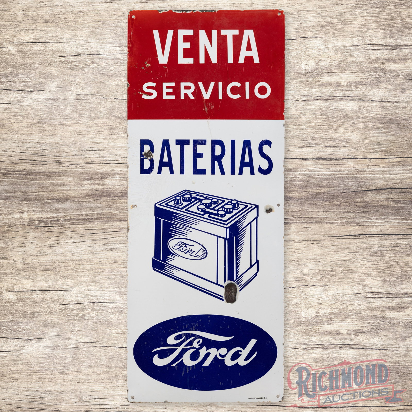 Ford Batteries Venta Servicio Baterias Single Sided Porcelain Sign: Unique SSP (single sided porcelain) Ford Sign with good color. Exhibits surface wear including chips, some etching in the blue oval and areas of crazing in the white. Marked Flamex Talamoni SA. This i