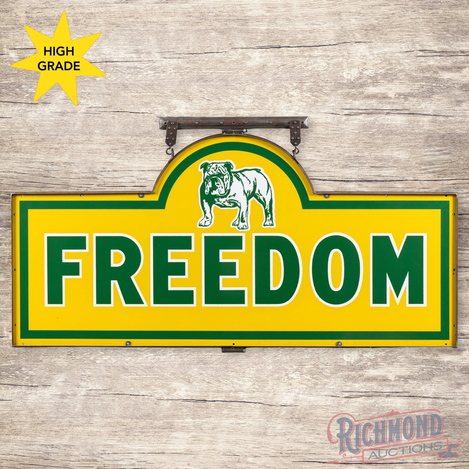 Amazing Freedom Oil Works Gasoline 7' Double Sided Porcelain Sign w/ Frame Bulldog Logo: DSP (double sided porcelain) die cut sign with a custom metal ring with hanging bracket has day one color and gloss. The sign features unique porcelain enamel colors with a large bulldog graphic in th
