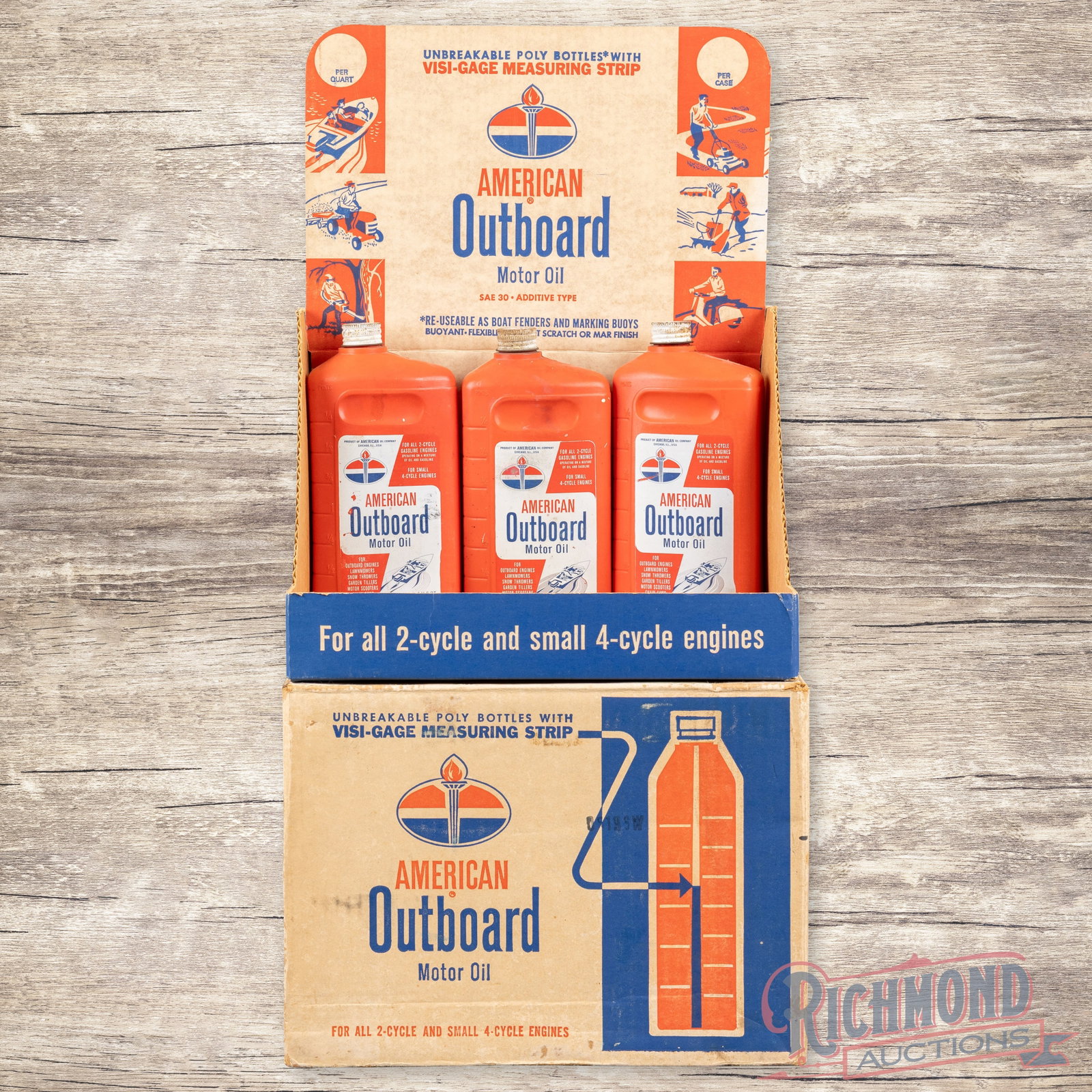 American Outboard Motor Oil Cardboard Display w/ Quarts: Service station outboard display includes and empty quart box, quart box, cardboard display sign wit images and three empty plastic outboard motor oil cans. The display has very good color with light 