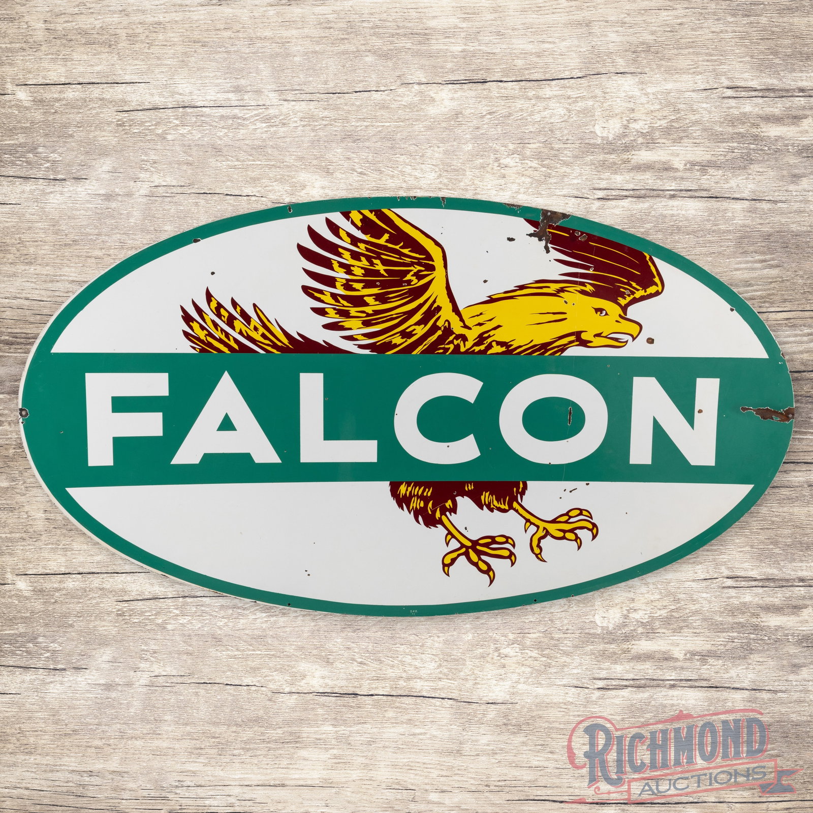 Scarce 8' Falcon Gasoline 8' Double Sided Porcelain ID Sign: DSP (double sided porcelain) sign has excellent color and gloss. The display features a large Falcon graphic with unique porcelain enamel colors. Side #1 has chips with a minor bend at the upper left 