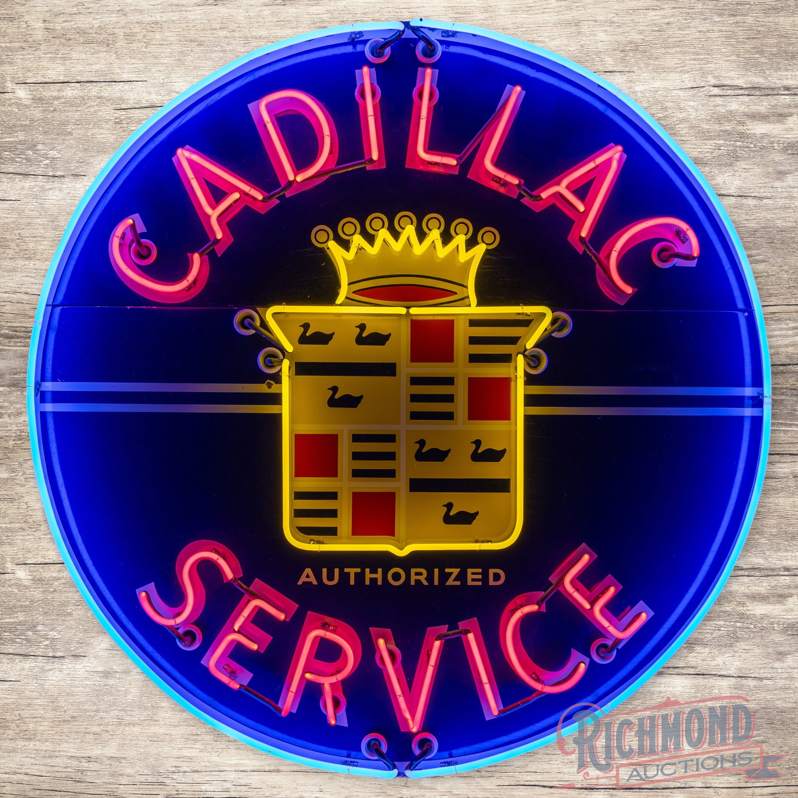 Rare Cadillac Authorized Service 5' Single Sided Porcelain Factory Neon Sign w/ Crest (1 of 4)
