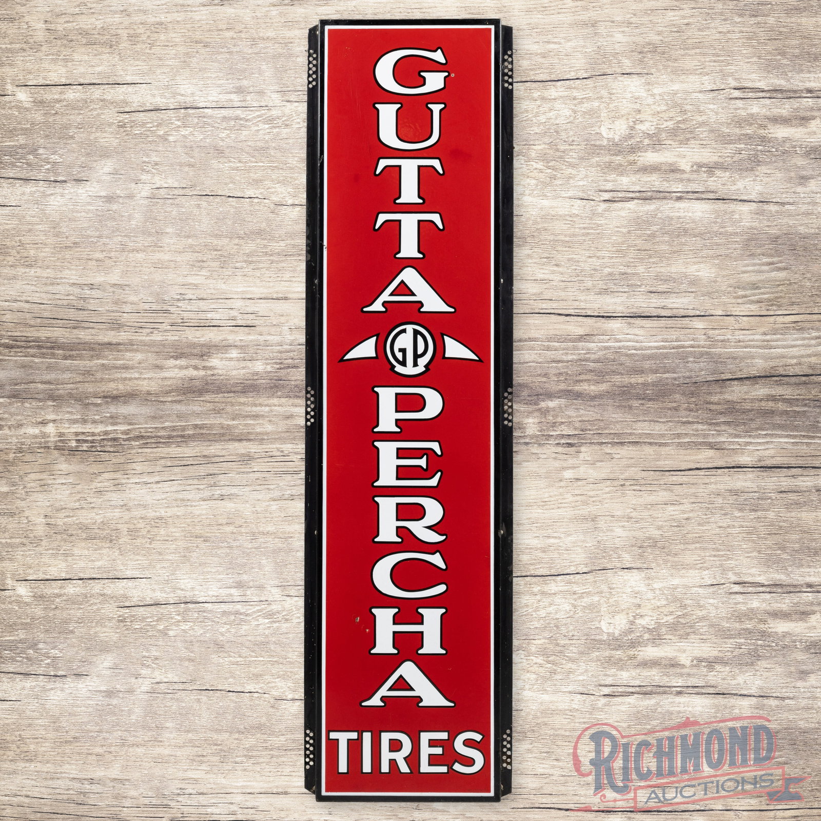 Guta Percha Tires 5' Vertical Single Sided Porcelain Logo Sign: Nice Guta Percha Tires SSP (single sided porcelain) Vertical Sign. Day one color and gloss with a few minor bb hits to the field. Overall a beautiful example. 59.25" H X 16" W. Condition: 8.75 All ite
