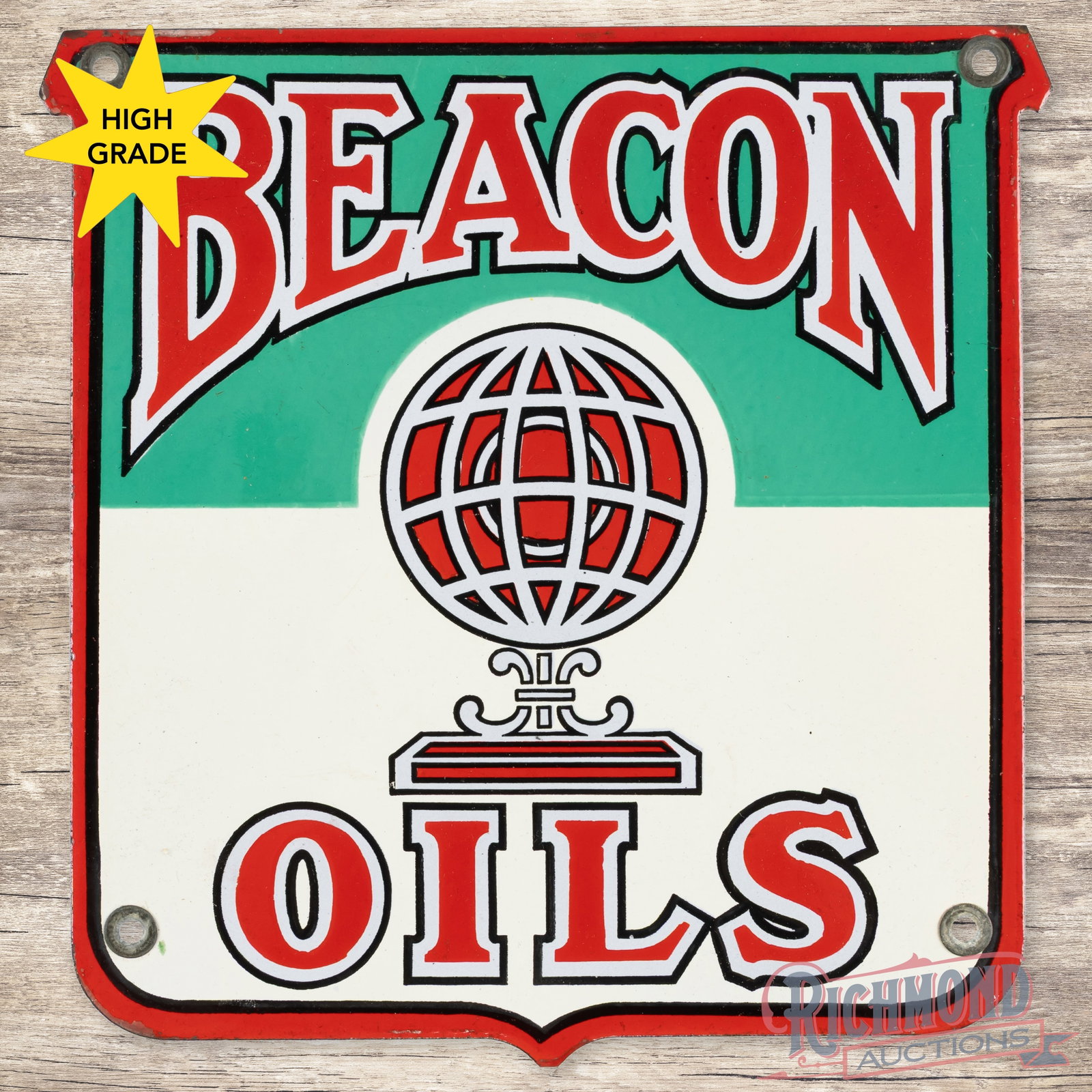 Beacon Oils Die Cut Single Sided Porcelain Gas Pump Plate Sign: Beautiful Beacon Oils SSP (single sided porcelain) Pump Plate Sign shows great color and gloss with minor wear to the field. One of the better examples we have seen. 9.75" H X 9.5" W. Condition: 9 All