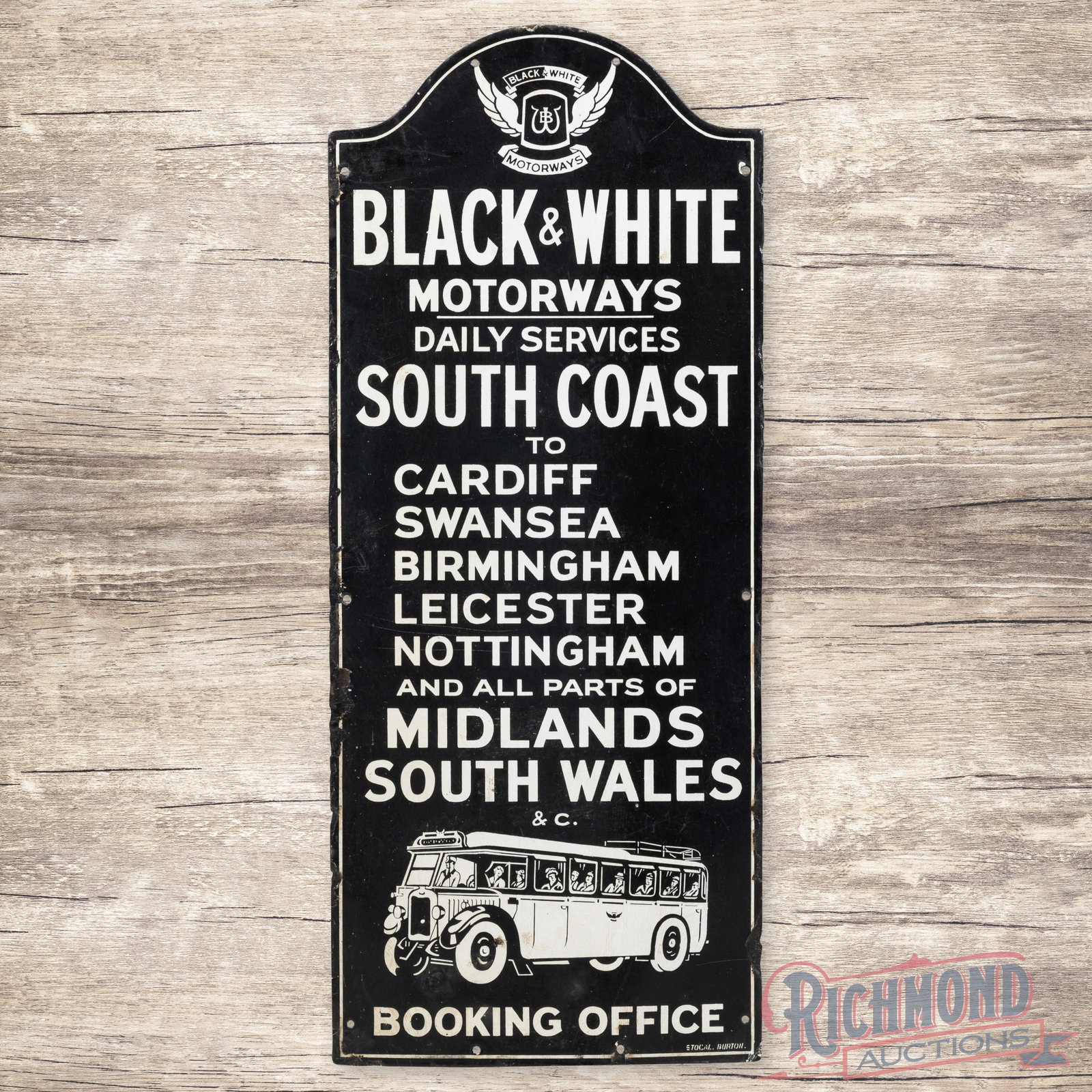 Black & White Motorways Booking Office Single Sided Porcelain Sign w/ Early Bus: Great Black and White Motorways SSP (single sided porcelain) Sign. This early sign has good color with moderate gloss with light damage on the border on both sides. The bus graphic is in great conditi