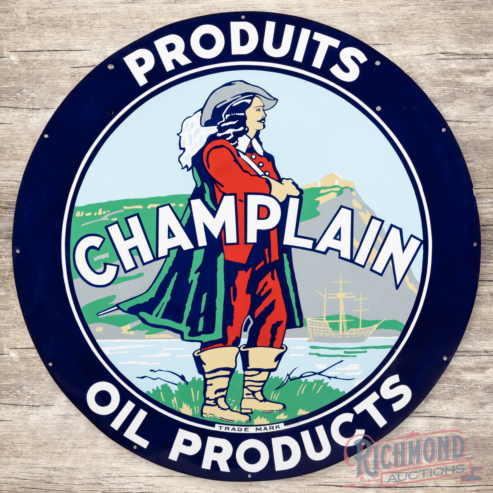 Amazing Champlain Oil Products 48" Single Sided Porcelain Sign w/Musketeer: Scarce SSP (single sided porcelain) sign has been professionally restored. The sign features a large Musketeer in the field with vibrant colors. The field and perimeter are exceptionally clean with a 