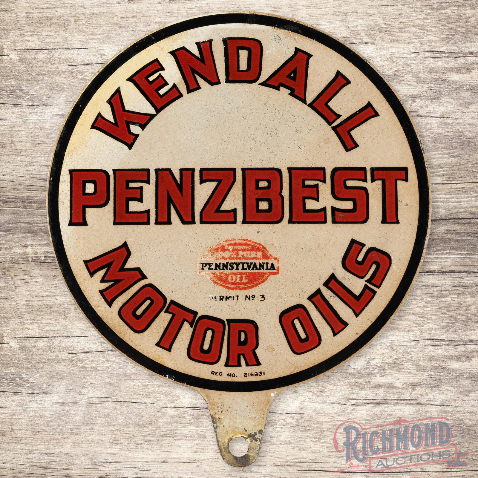 Kendall Penzbest Motor Oils Double Sided Tin Lubester Paddle Sign: Kendall Penzbest Motor Oils DST (double sided tin) Paddle Sign. Side one shows good color with light surface staining throughout. Side two is in similar condition with paint gloss in the Pennsylvania 