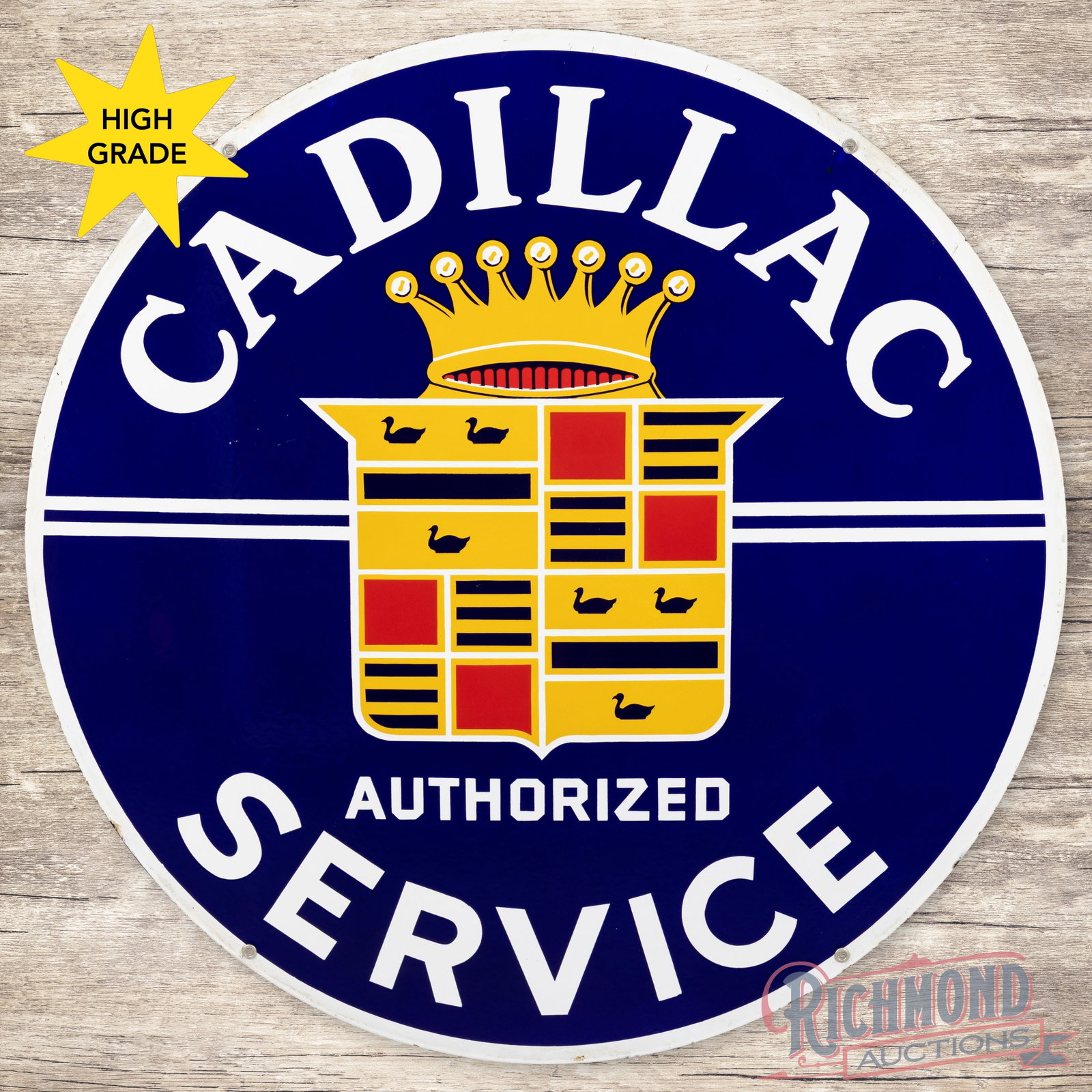 Cadillac Authorized Service 42" Double Sided Porcelain Sign w/ Logo: Amazing 42" Cadillac Service DSP (double sided porcelain) Sign. Both sides are near perfect condition with day 1 color and gloss. It would be difficult to improve on this sign. A truly investment grad