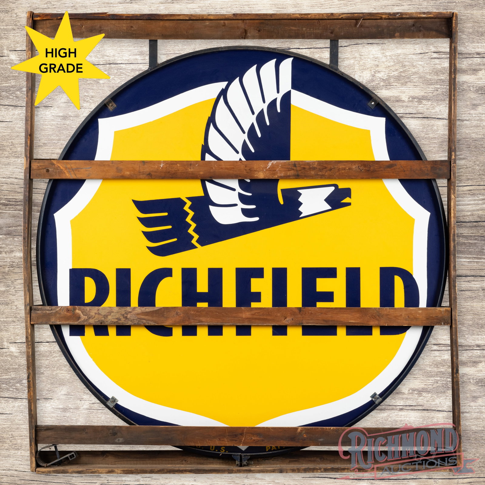 Amazing NOS Richfield Gasoline 5' Double Sided Porcelain Sign w/ Original Wooden Crate (1 of 3)