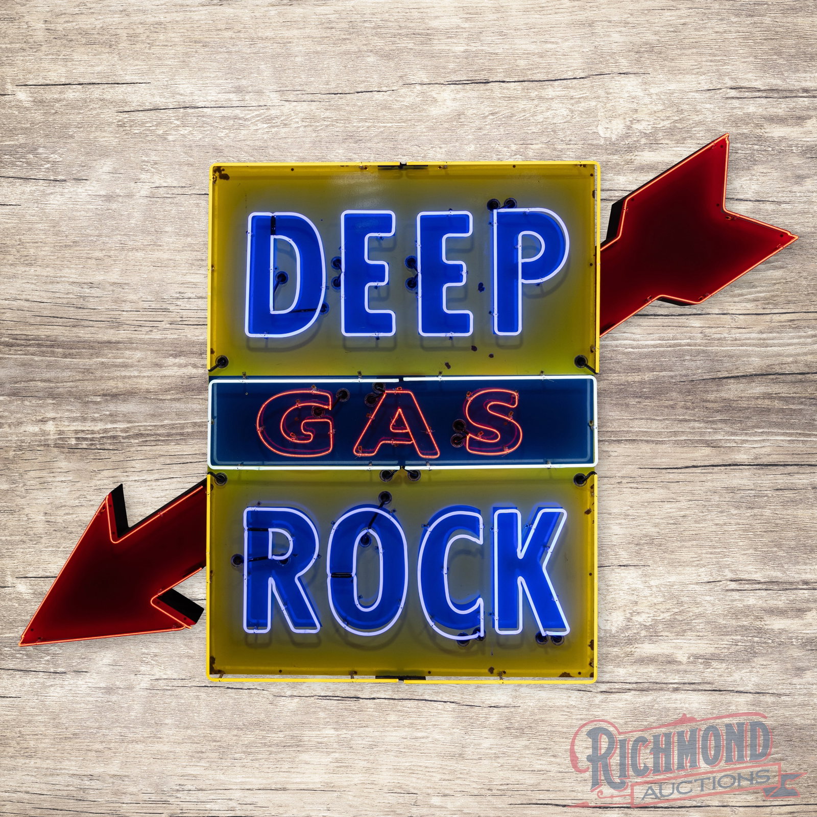 Deep Rock Gasoline 7' Die Cut Single Sided Porcelain Neon Service Station Sign w/ Arrow: SSP (single sided porcelain) die cut sign with added neon and a metal can has very good color and gloss. The sign features four-color neon with an added modern flashing arrow. The field has light wear