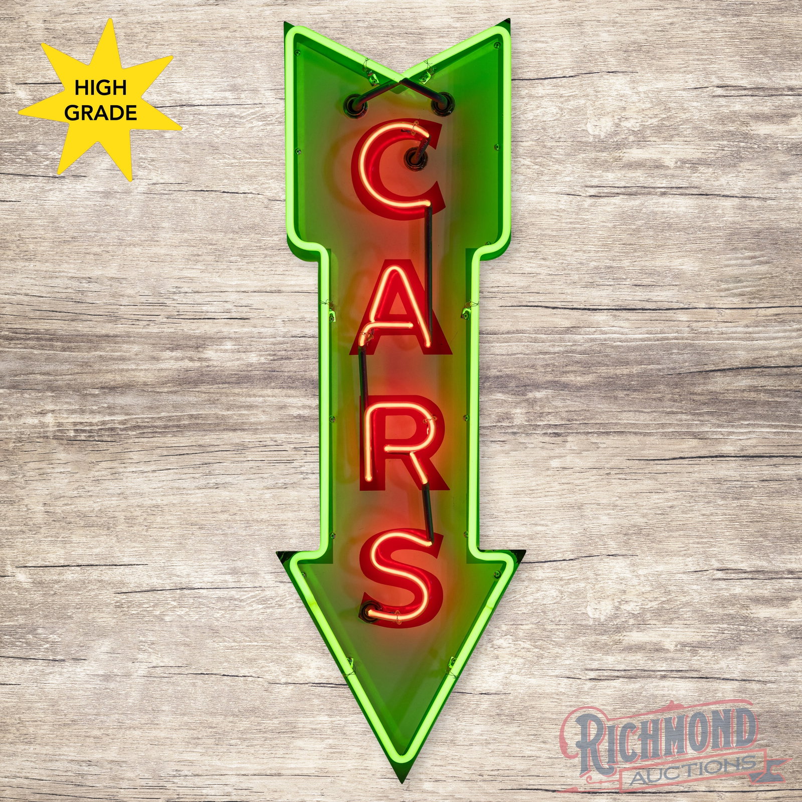 Cars 4' Die Cut Single Sided Porcelain Neon Arrow Sign: SSP (single sided porcelain) neon sign with a metal can has day one color and gloss. The sign features vibrant two-color neon. The fields are clean. The perimeter has some chips along the edges with a