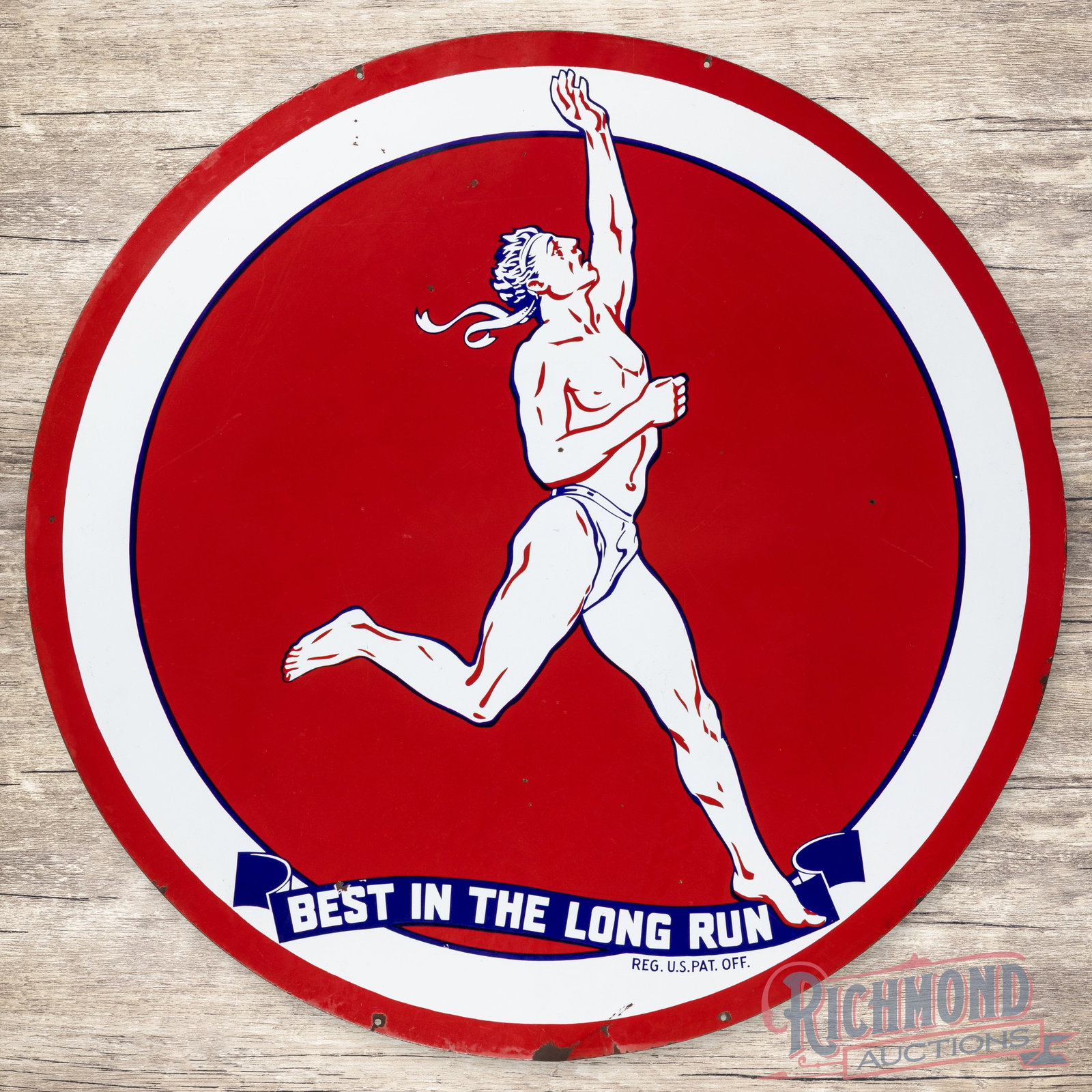 Marathon Gasoline "Best in the Long Run" 6' Double Sided Porcelain ID Sign w/ Running Man: Tough to find DSP (double sided porcelain) sign has excellent color and gloss. Side #1 has light wear with small chips in the fields. The perimeter has additional chips with a bend along the lower edg