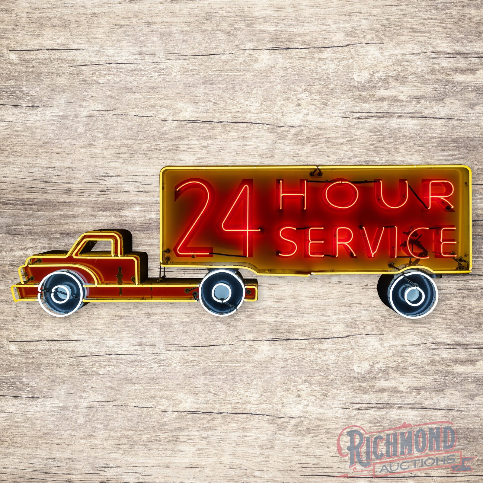 Delivery Truck & Trailer 24 Hour Service 11.5' Single Sided Porcelain Factory Neon Sign: SSP (single sided porcelain) die cut factory neon sign with a metal can has excellent color and gloss. The sign features vibrant three-color neon with a flashing "24" on the front of the trailer. The 