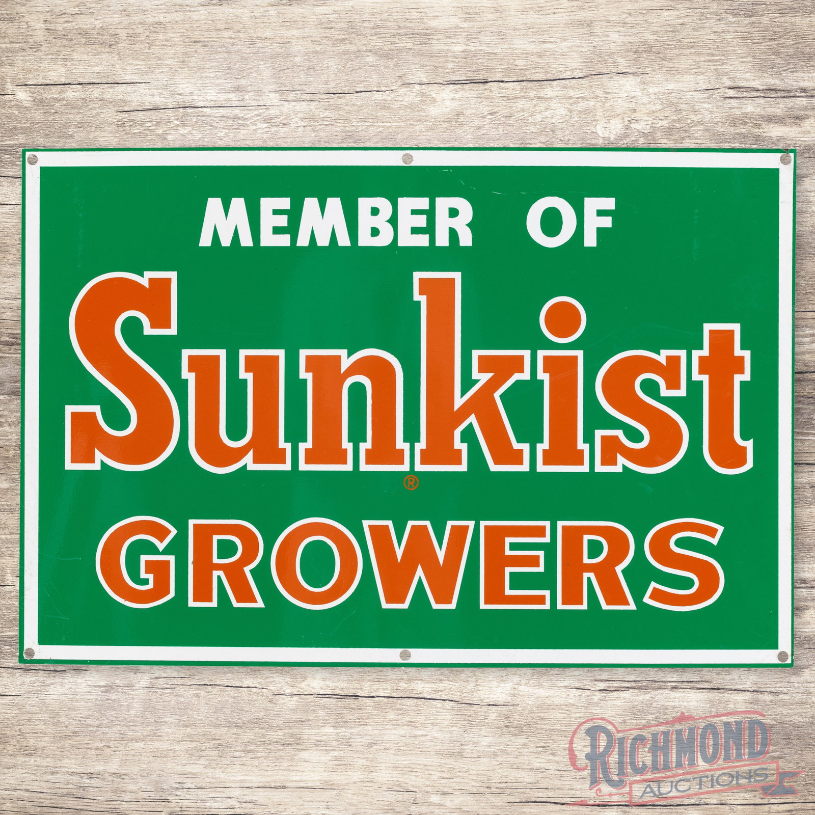 Sunkist Growers Member 18" Single Sided Tin Sign: SST (single sided tin) sign has excellent color and shine. The field is clean with minor fine scratches and light wear in the outer fields and perimeter. Overall a clean example. 12" H X 18" W. Condit