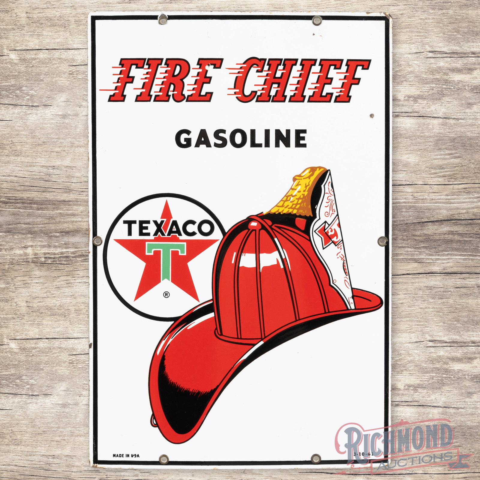 1961 Texaco Fire Chief Gasoline Single Sided Porcelain Pump Plate Sign: SSP (single sided porcelain) pump plate has excellent color and gloss. The field has minor surface imperfections with a small flake in the "E" of Fire and other small chips in the upper right outer fi
