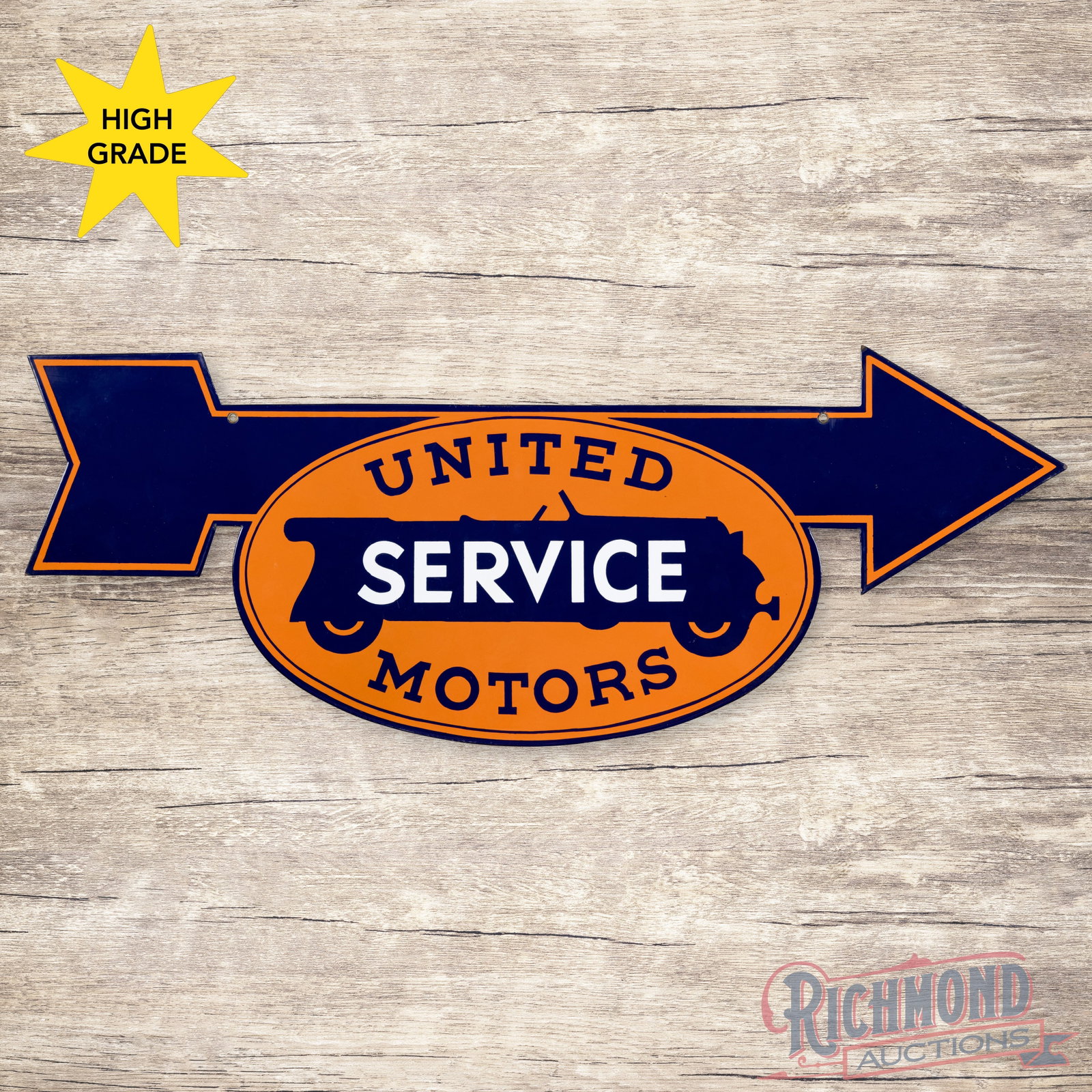 United Motors Service 42" Die Cut Double Sided Porcelain Arrow Sign: DSP (double sided porcelain) die cut sign has excellent color and gloss. The display is exceptionally clean with light wear in the fields and tiny chips along the outer edges. The reverse is in a simi