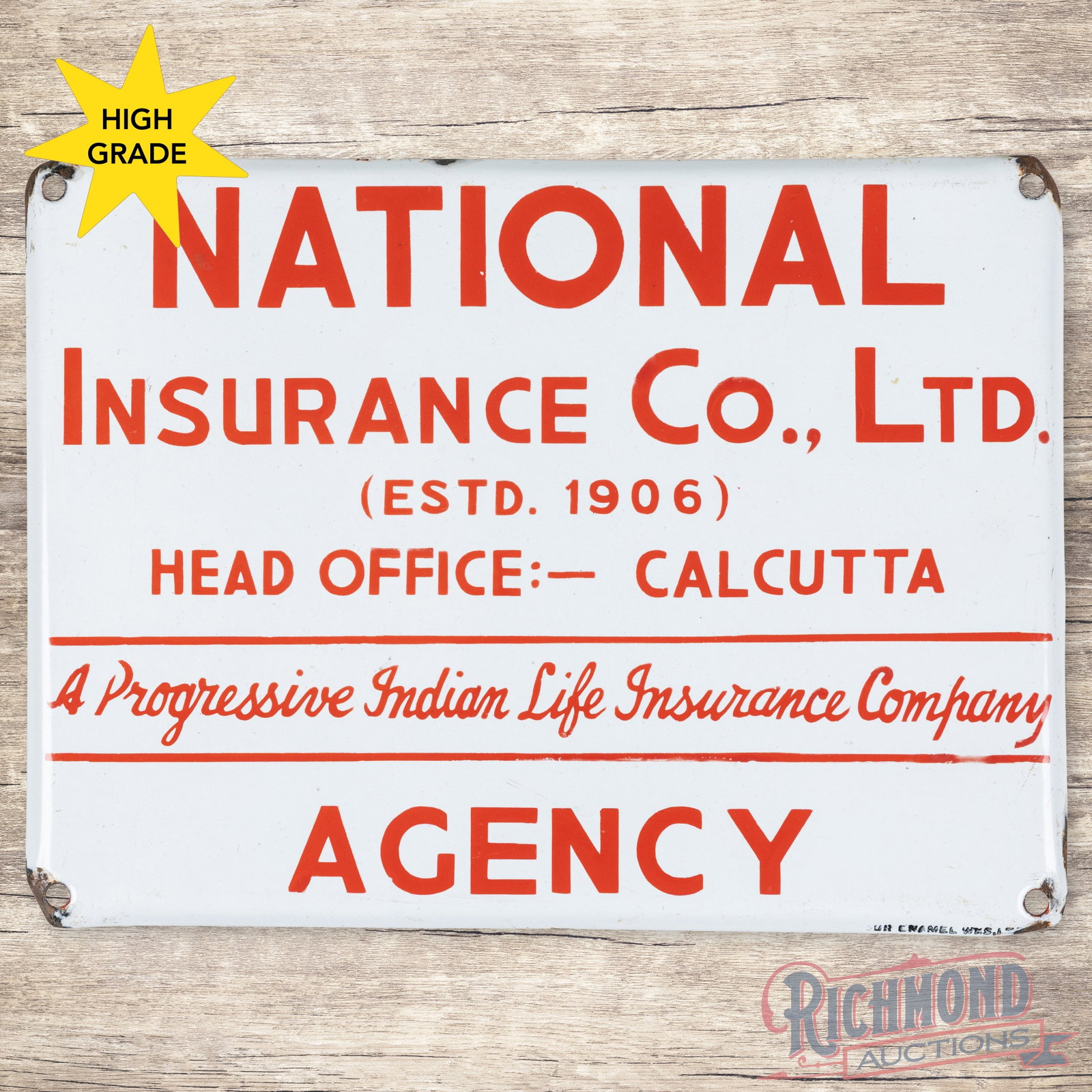 National Insurance Co Ltd. Agency Single Sided Porcelain Sign: SSP (single sided porcelain) rolled edge sign has excellent color and gloss. The field is clean. The perimeter has small chips at the mounting holes and edges. Marked Sur Enamel. 9" H X 12" W. Conditi