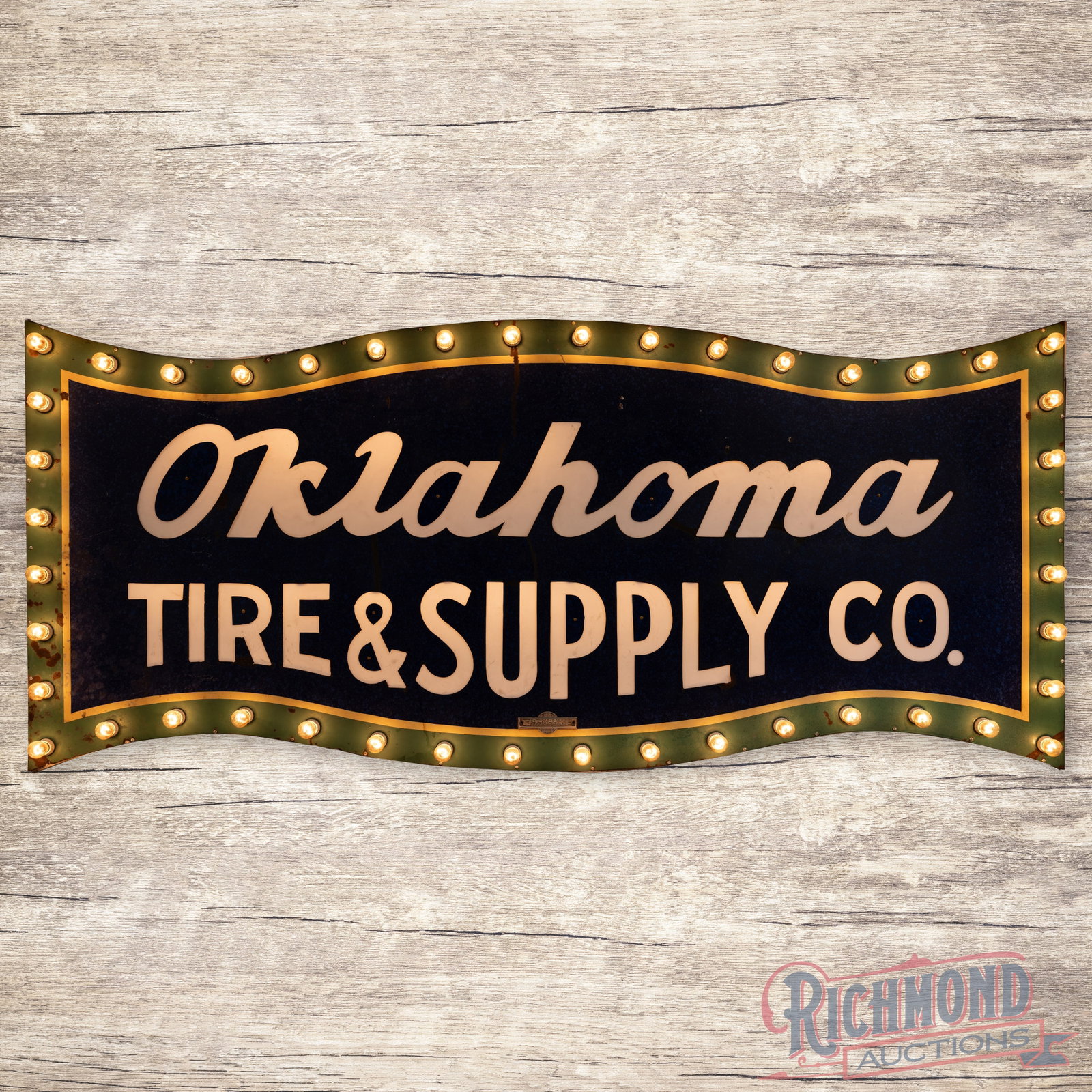 Amazing Flexlume Oklahoma Tire Supply Co 9' Die Cut Single Sided Porcelain Milk Glass Sign w/ Bulbs: SSP (single sided porcelain) die cut internally lighted sign with chaser bulbs and a new metal can works properly. The display features a unique blue splatter porcelain enamel field with a tan and gre