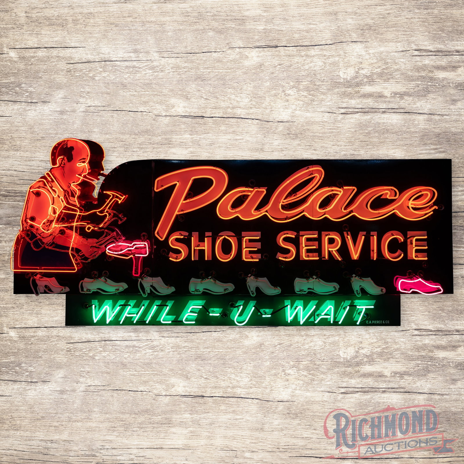 Palace Shoe Service "While You Wait" 10.5' Porcelain Factory Neon Sign w/ Cobbler & Cigar "Animated": This exceptional double-sided porcelain die-cut animated neon sign from Palace Shoe Service is a rare and important piece of Rockford, Illinois history. Manufactured by C.A. Pierce & Co., the sign fea