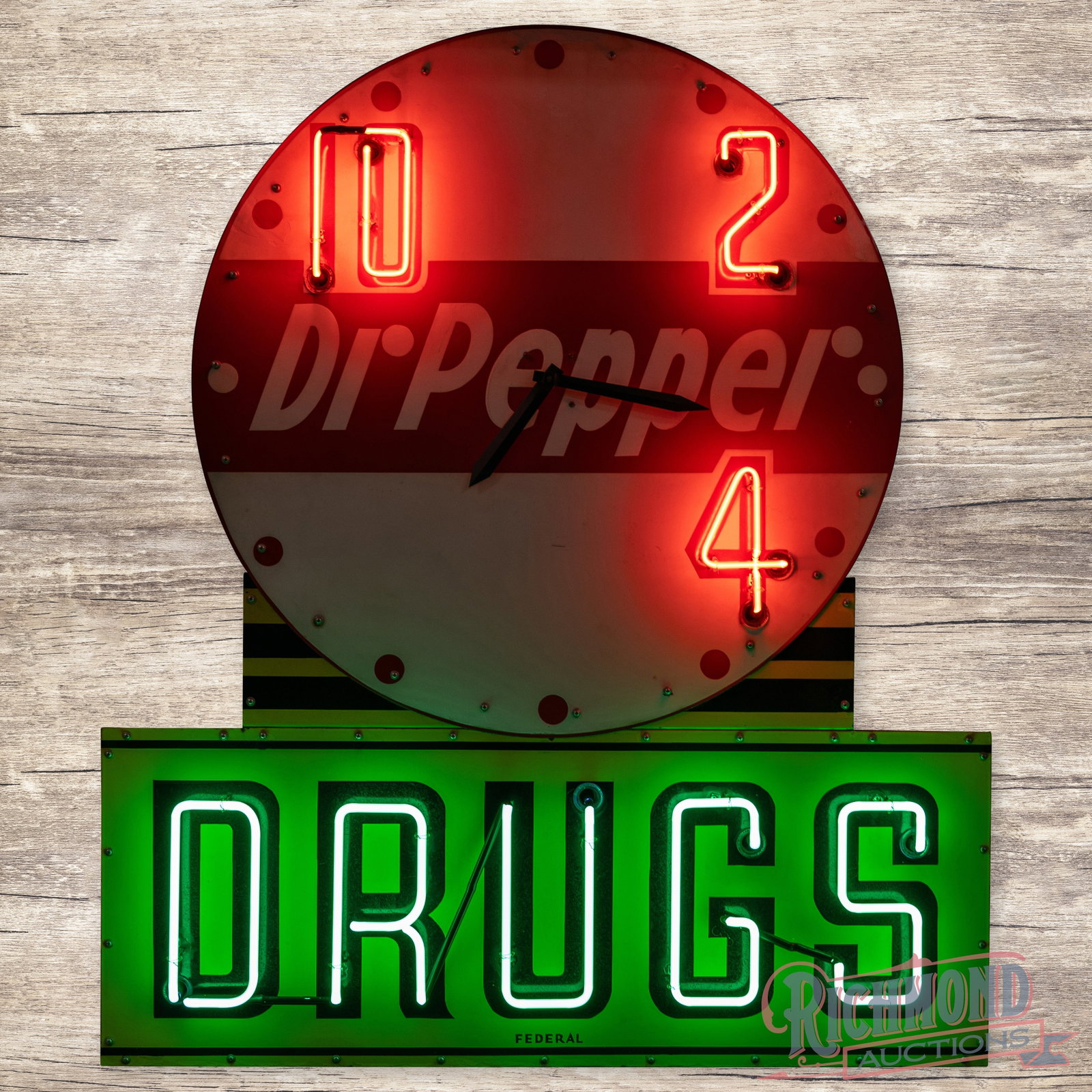 Scarce Dr. Pepper 10-2-4 Drugs Single Sided Porcelain Factory Neon Sign w/ Clock: SSP (single sided porcelain) die cut factory neon sign with clock and a metal can has very good color and gloss. The clock and neon work properly. The field exhibits light wear, marks and color matche