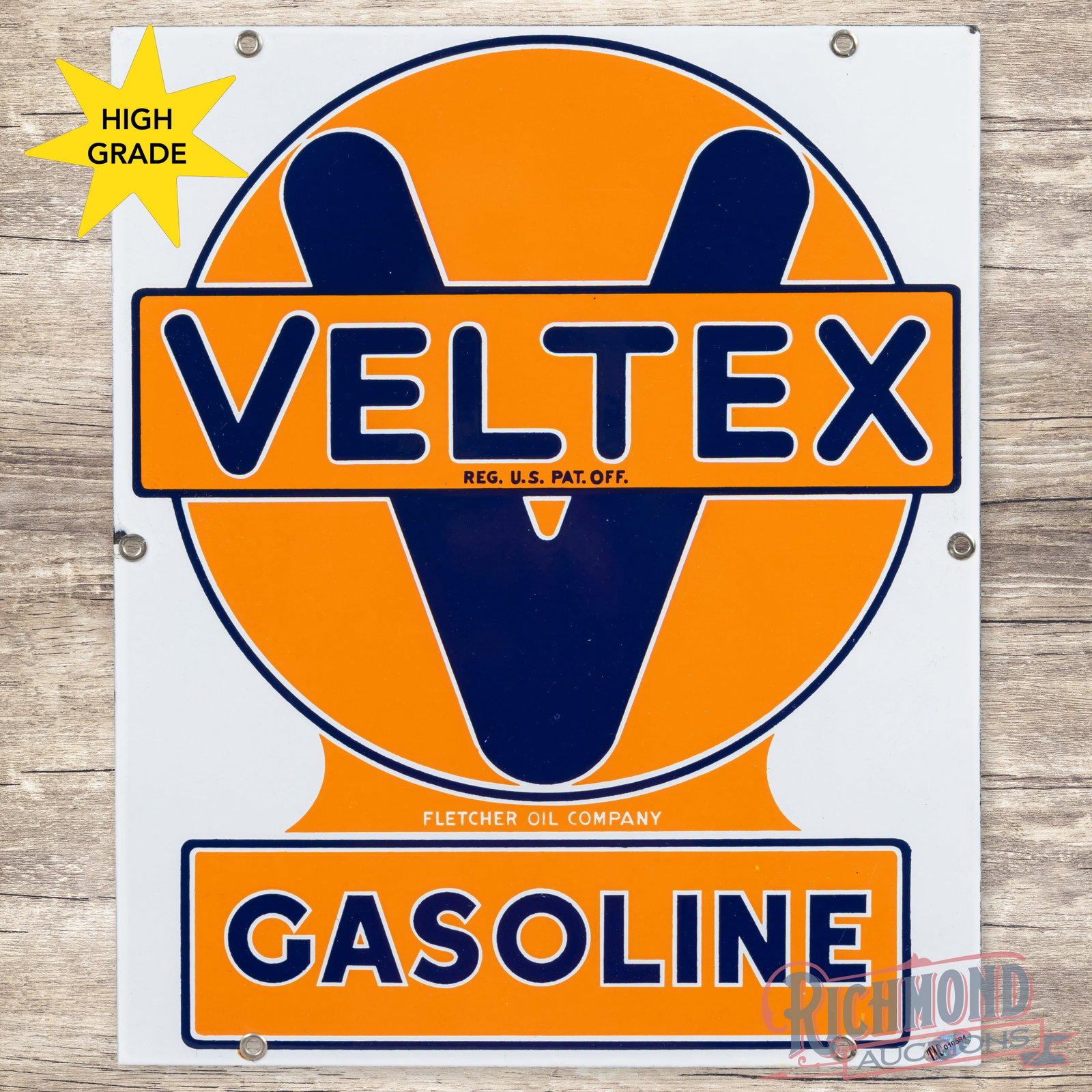 Veltex Gasoline Fletcher Oil Company Gasoline Single Sided Porcelain Pump Plate Sign: SSP (single sided porcelain) sign has excellent color and gloss. The fields are clean. The perimeter has a small chip on the left edge at the mounting hole and the upper right hand corner. All six fac