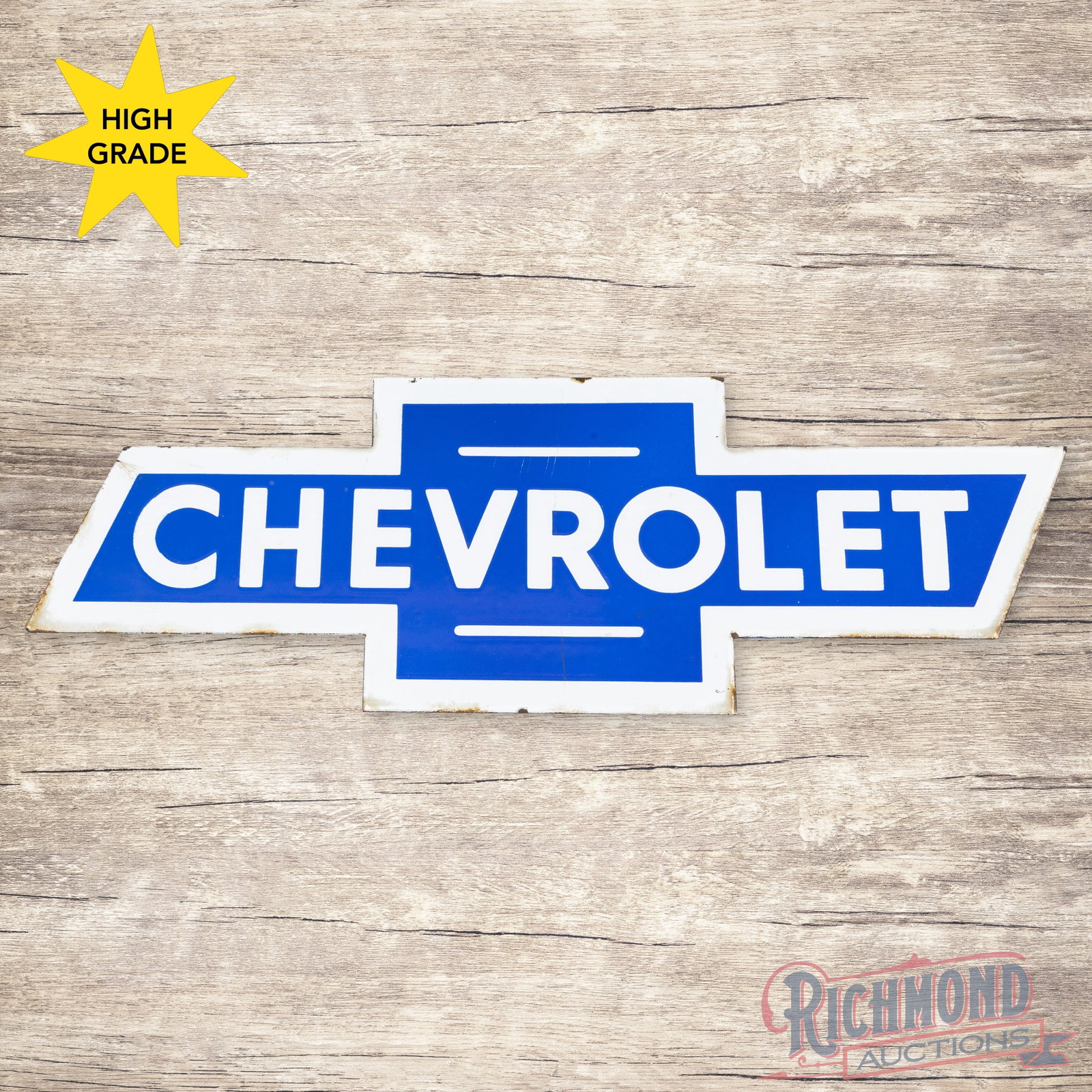 Chevrolet 20" Die Cut Single Sided Porcelain Bowtie Sign: SSP (single sided porcelain) die cut sign has excellent color and gloss. The field has light surface wear. The perimeter has small chips with discoloration along the outer edges. Overall a clean tough