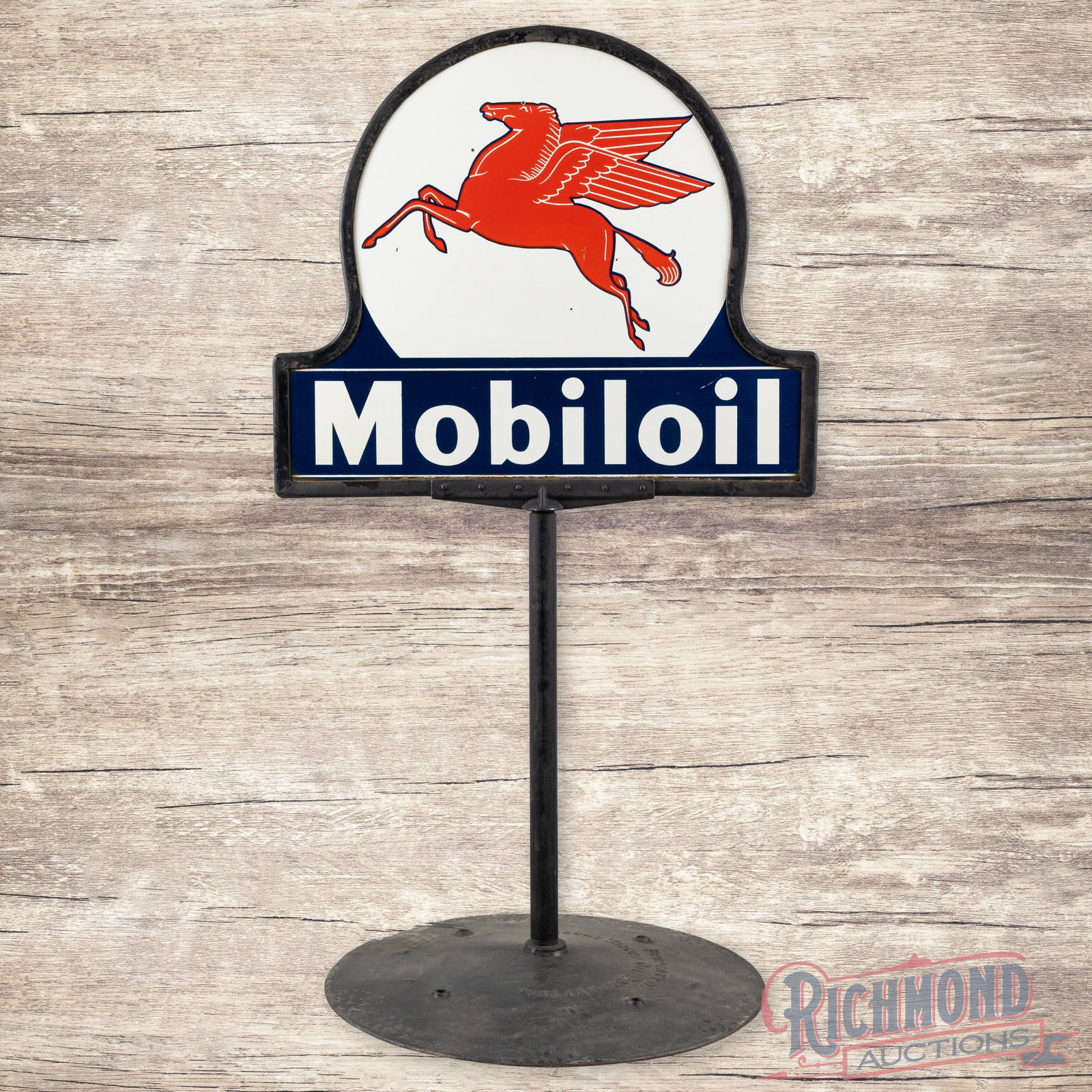 Mobiloil Double Sided Porcelain Curb Sign w/ Pegasus: DSP (double sided porcelain) die cut sign with the factory ring, pole and base has excellent color and gloss. The display has light surface wear with tiny chips in the fields. The reverse is in a simi