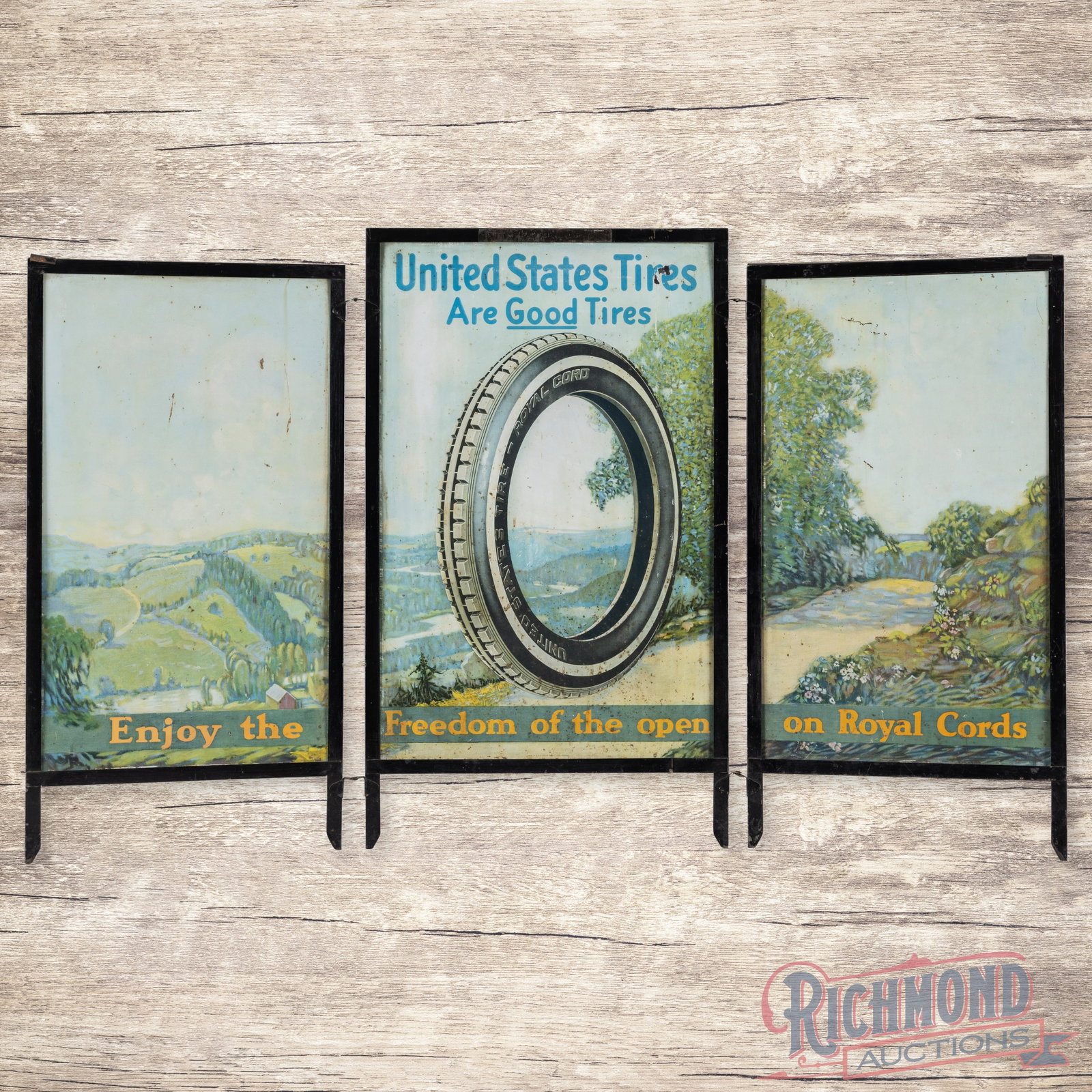United States Tires are Good Tires Single Sided Tin Tri-Fold Advertising Display Sign: SST (single sided tin) tri-fold sign with the factory frames has good color and shine. The display has light wear throughout with small paint chips, fine scratches, slight fading and indentations. The