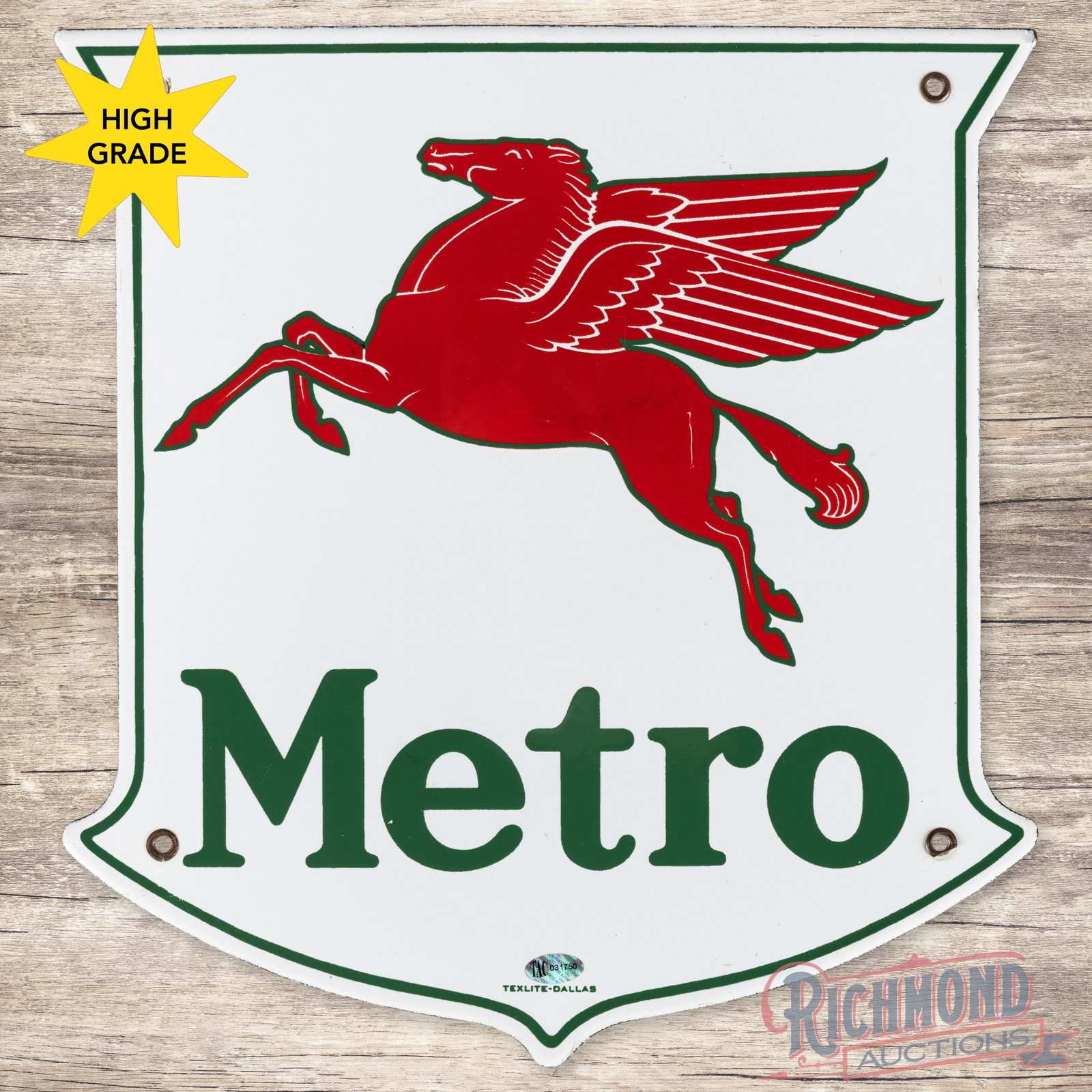 Mobil Metro Gasoline Single Sided Porcelain Pump Plate Sign w/ Pegasus: SSP (single sided porcelain) pump sign has day one color and gloss. The field is very clean overall with minor surface imperfections and slight discoloration on the lower edges of the Pegasus graphic.