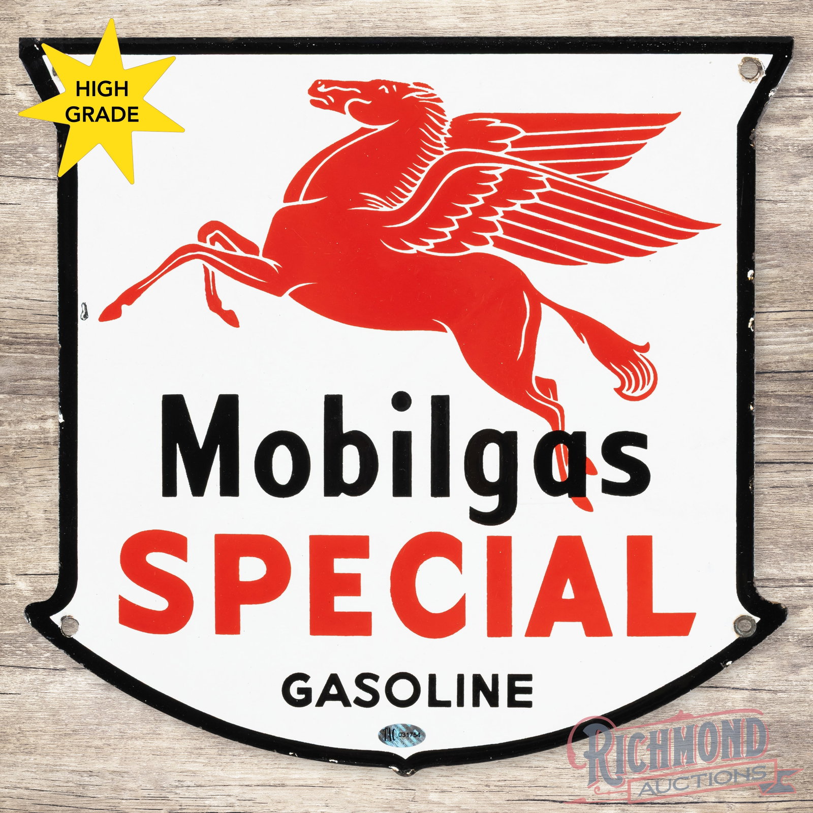 Mobilgas Special Gasoline Single Sided Porcelain Pump Plate Sign "Drop Leg" West Coast: SSP (single sided porcelain) pump plate has excellent color and gloss. The field is very clean overall with minor surface imperfections. The perimeter has a small factory blemish near the left edge wi